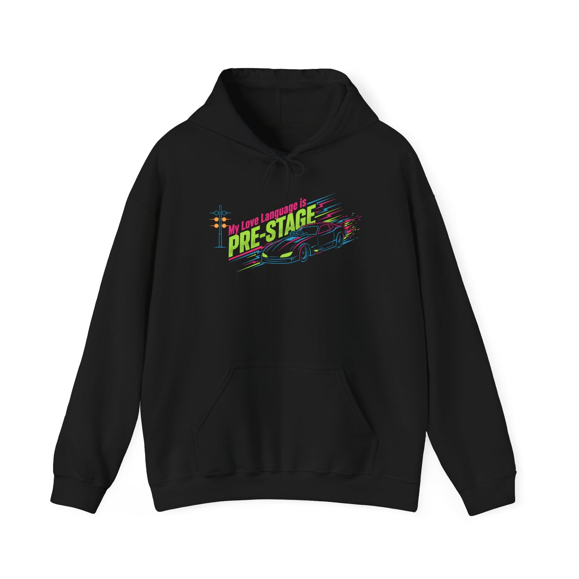Black hoodie with colorful graphic design and text 'My Love Language is Pre-Stage' on a white background