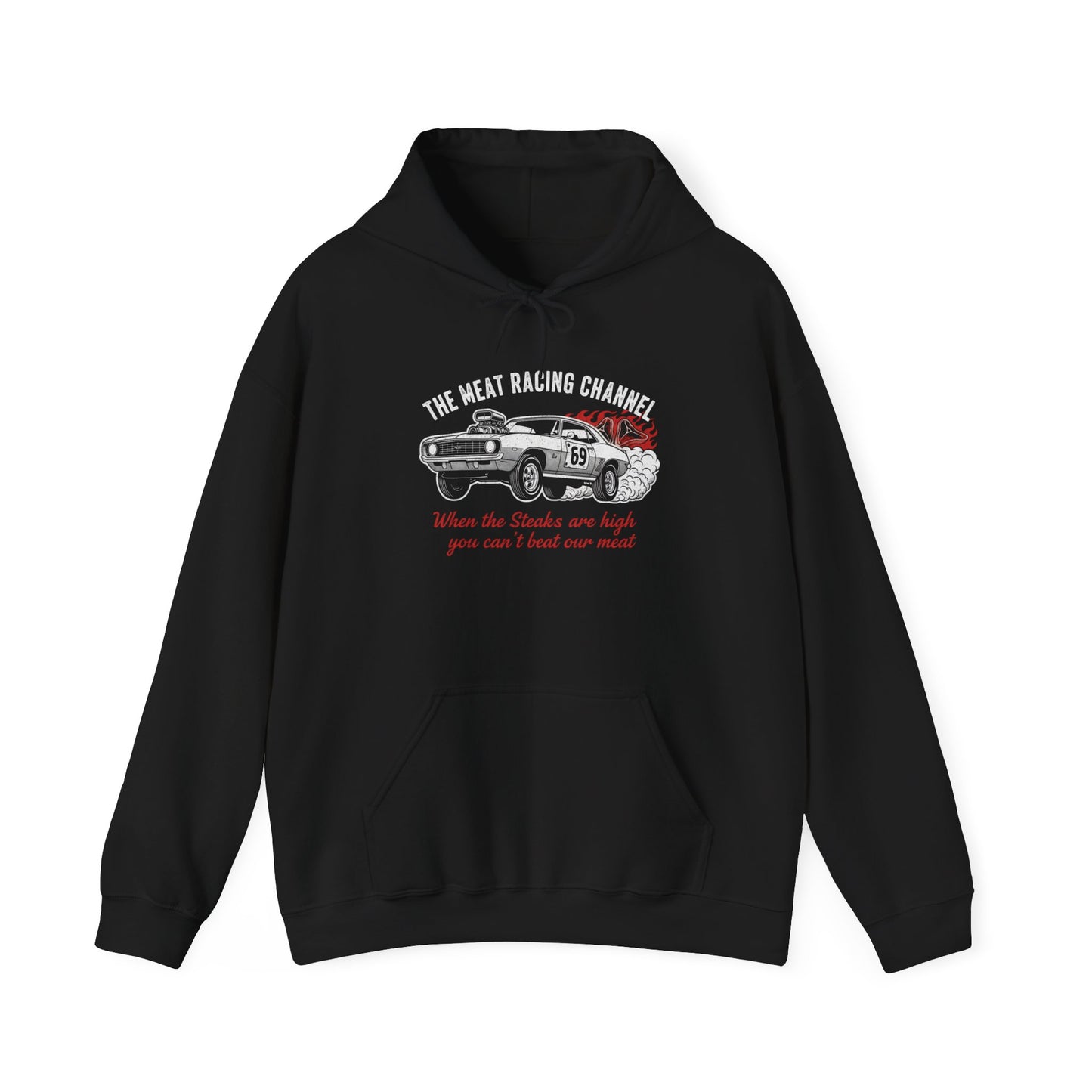 Black hoodie with graphic design and text 'The Meat Racing Channel When the Steaks are high you can't beat our meat' on a white background