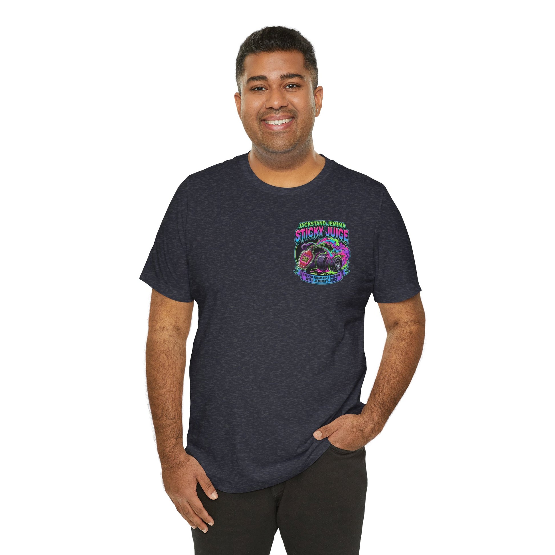 Man wearing a dark blue t-shirt with a colorful graphic and text  'Jackedstand Jemima Sticky Juice You Can Always Rip A Good One With Jemima's Juice' on a white background