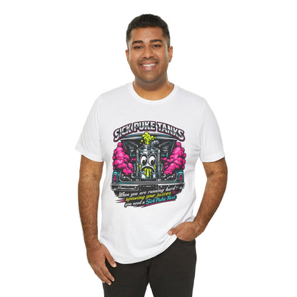 Man wearing a white t-shirt with a graphic design and 'Sick Puke Tanks When you are running hard spewing your juices you need a Sick Puke Tank' text