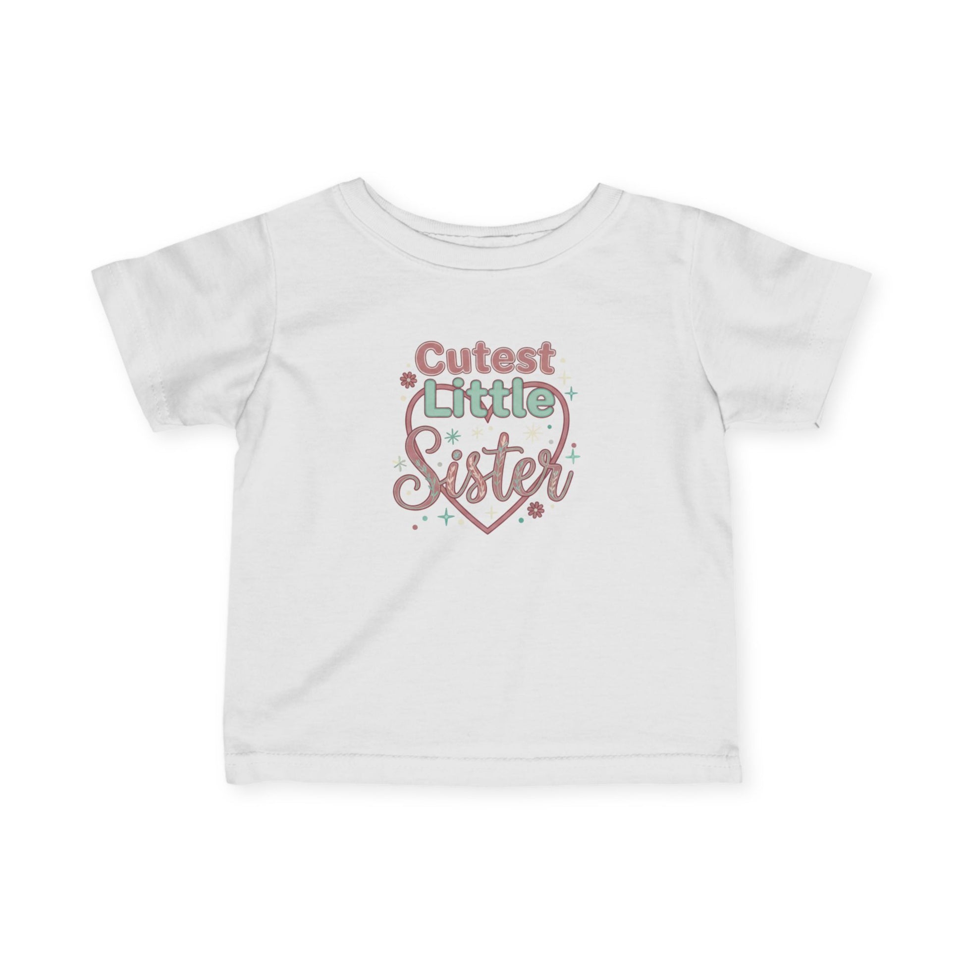 White t-shirt with 'Cutest Little Sister' text on a white background