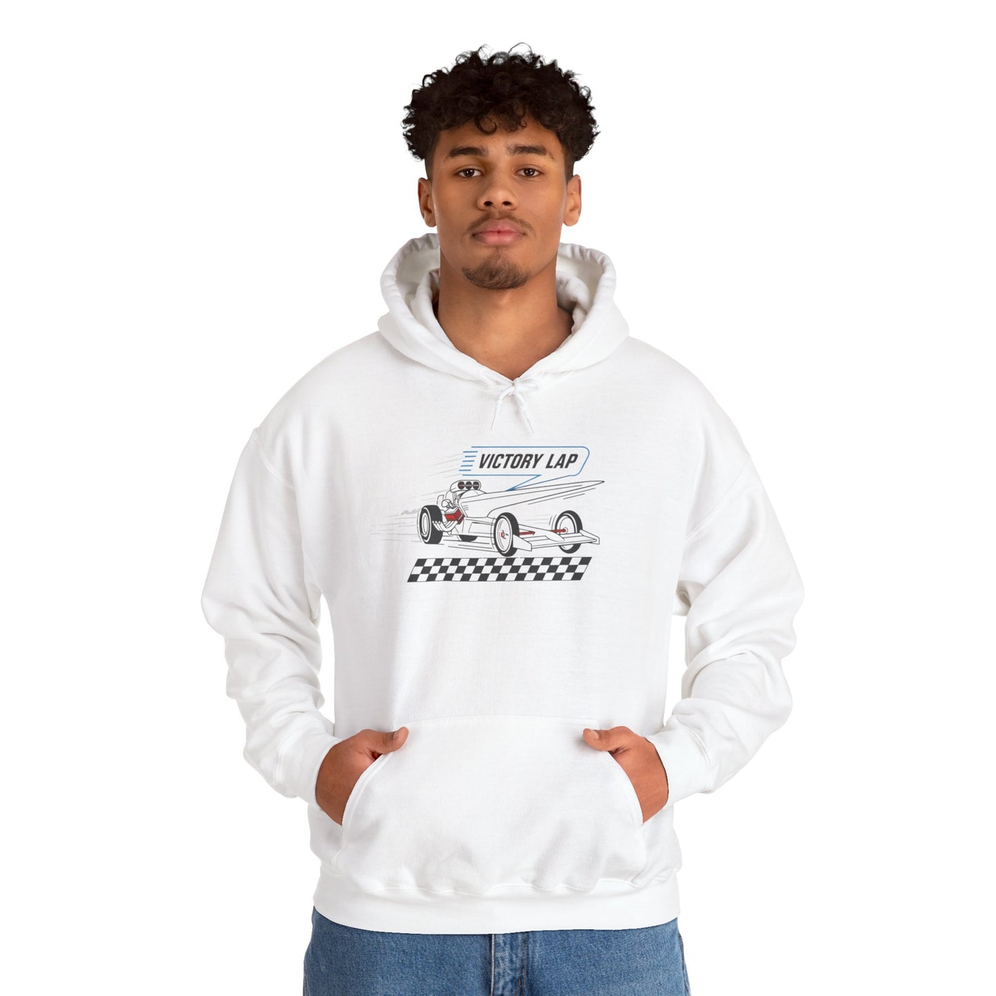 Person wearing a white hoodie with a race car design and text 'VICTORY LAP' on a white background