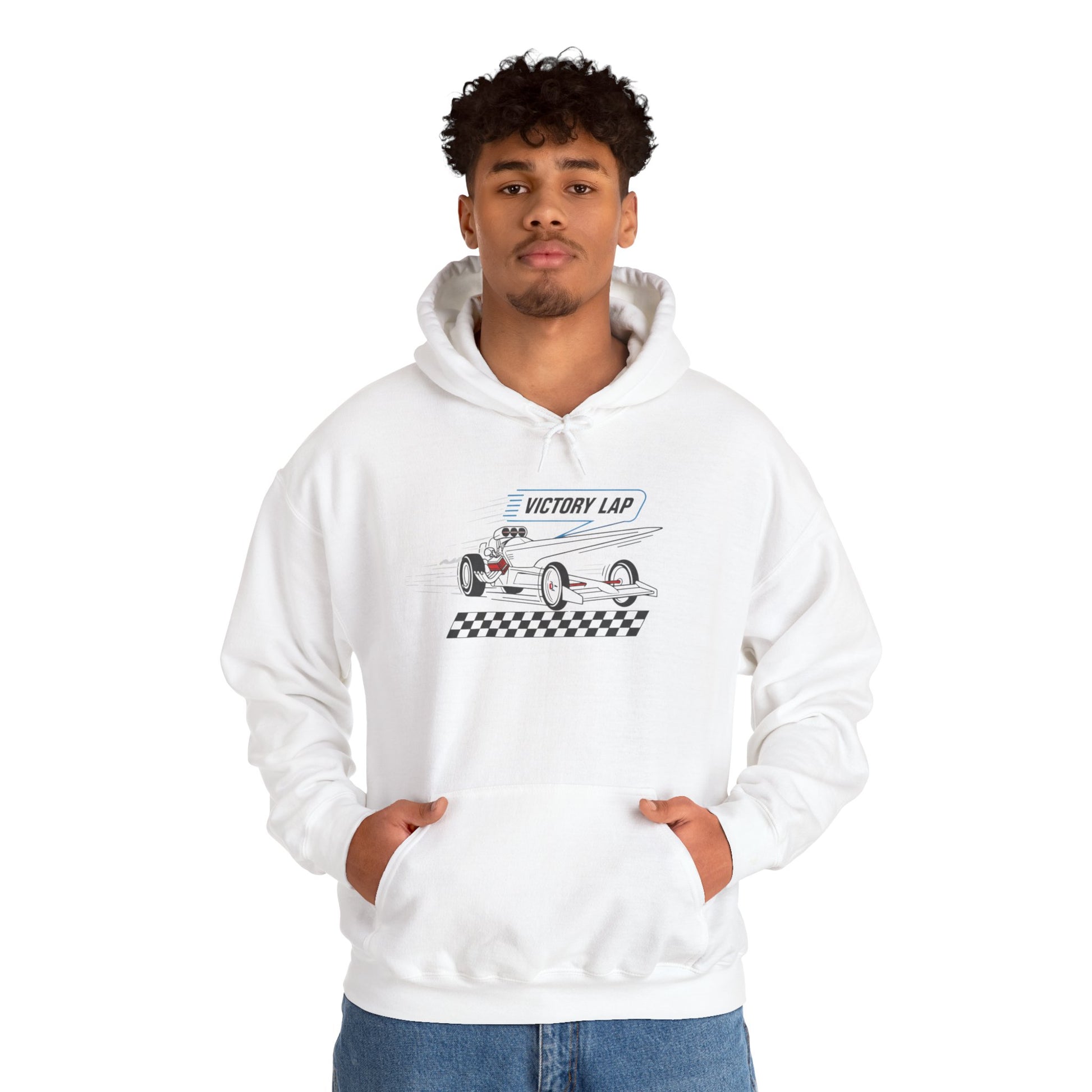 Person wearing a white hoodie with a race car design and text 'VICTORY LAP' on a white background