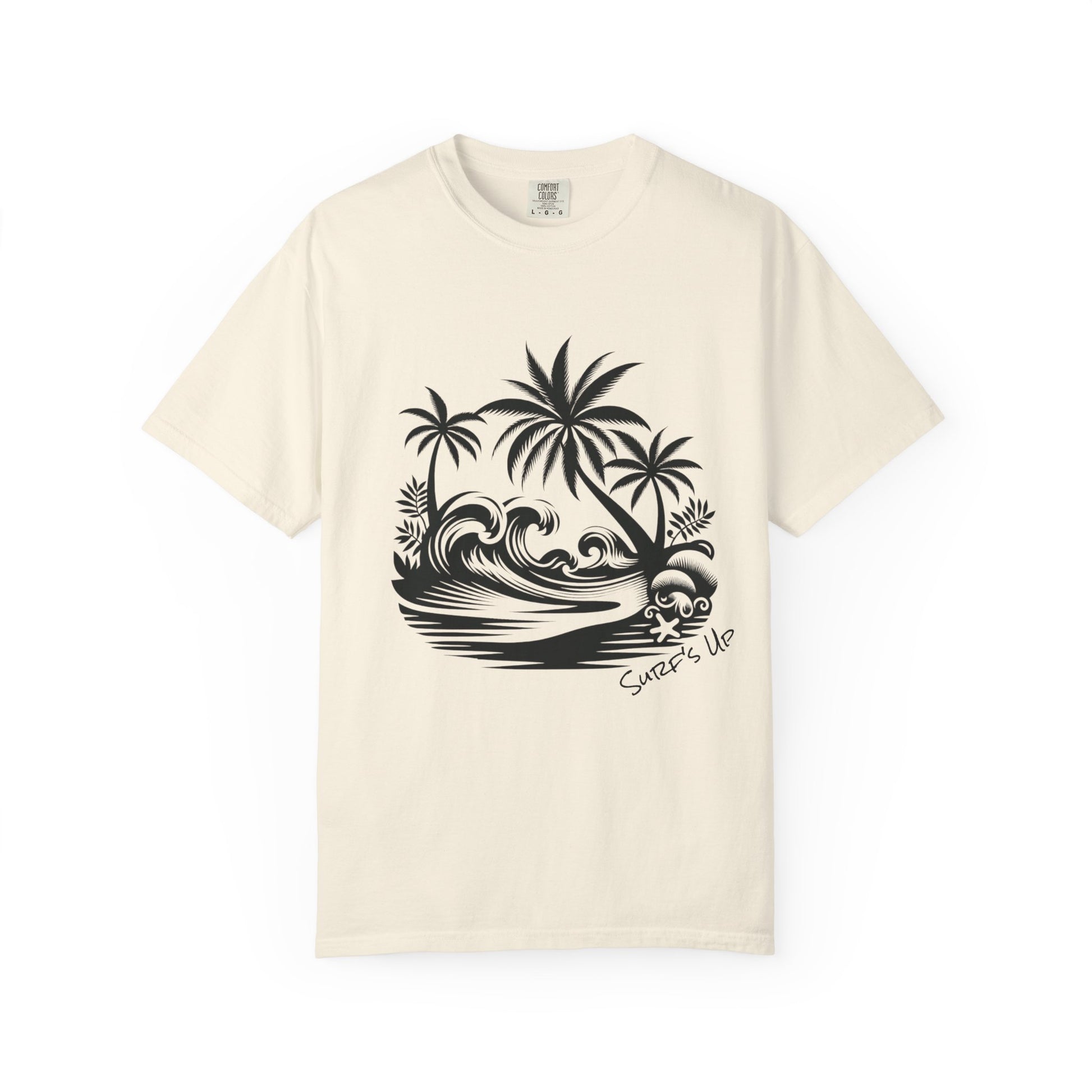 Beige t-shirt with black palm tree and wave design on a white background