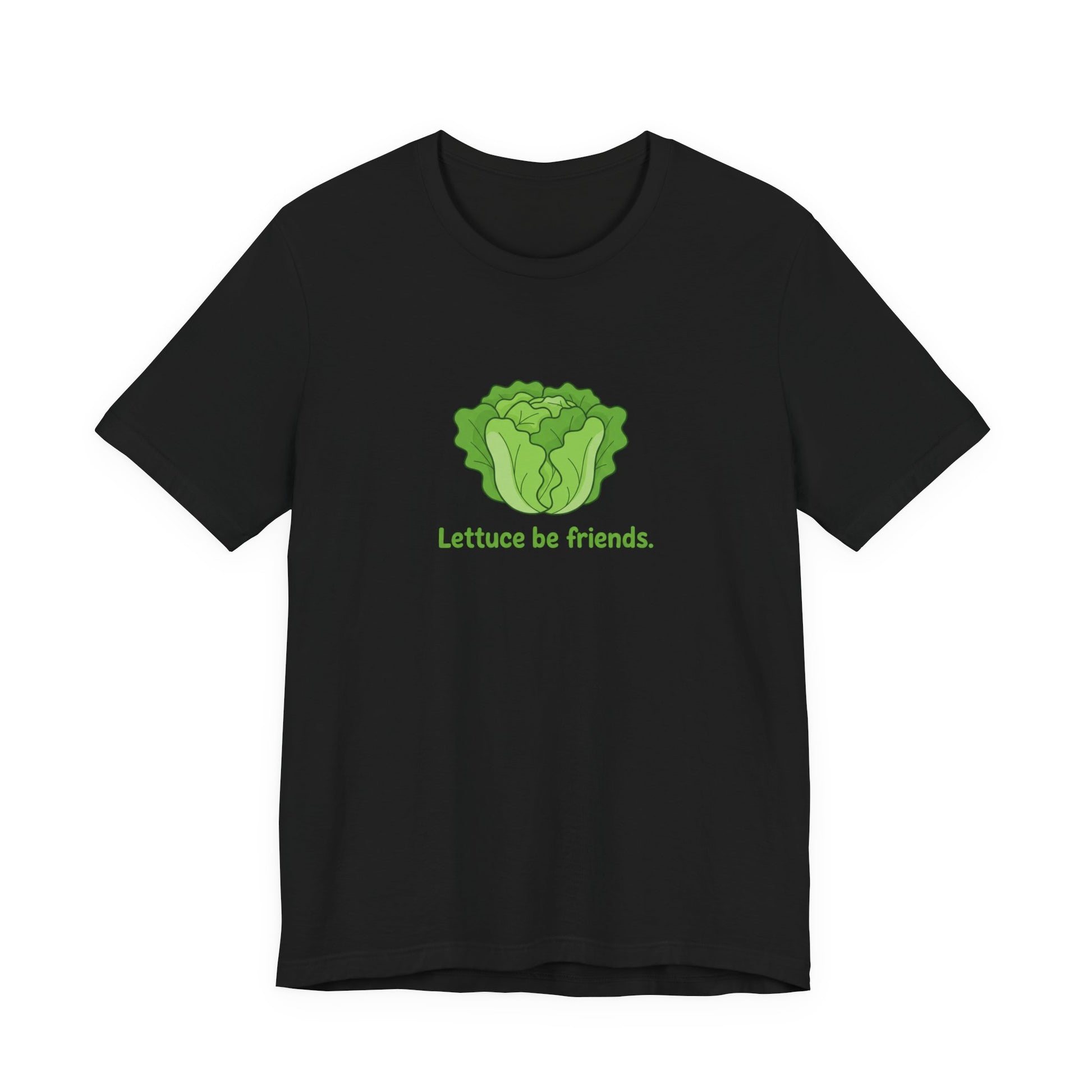 Black t-shirt with green lettuce graphic and text 'Lettuce be friends' on a white background