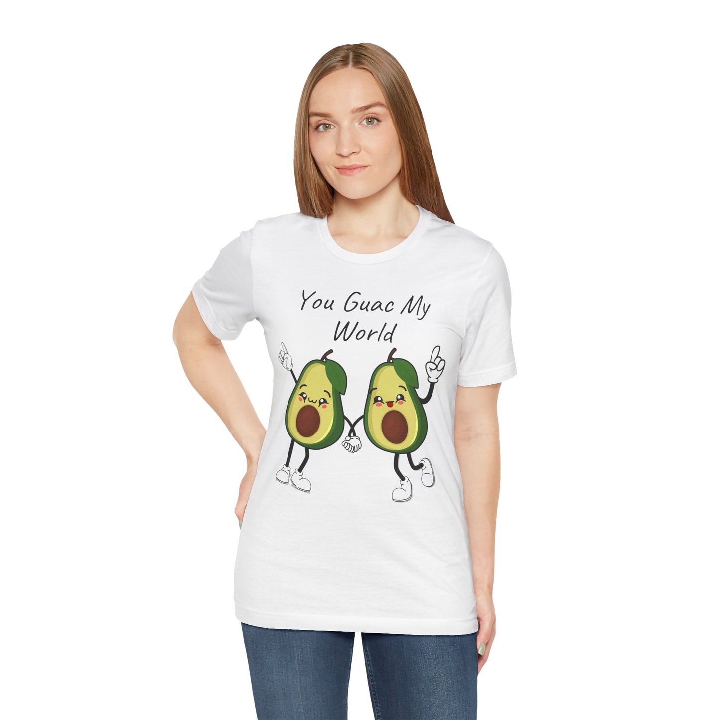 Person wearing a white t-shirt with avocado graphics and text 'You Guac My World' on a white background