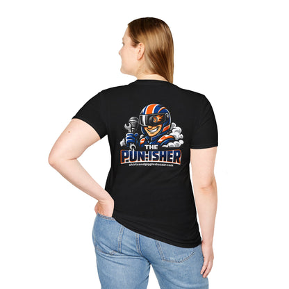 Person wearing a black t-shirt with 'The Punisher' graphic design on the back.