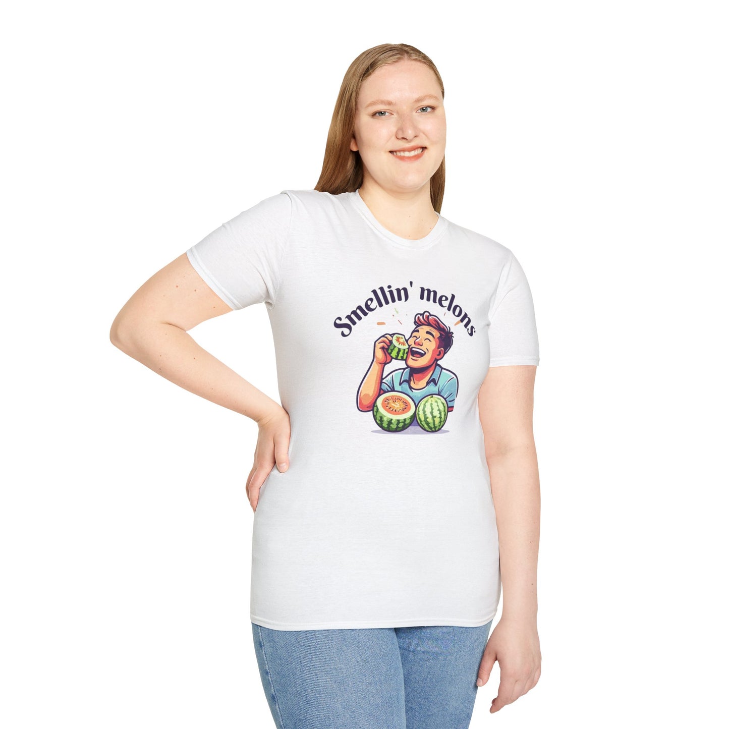 Person wearing a white t-shirt with a graphic design and text 'Smellin' melons' on a white background