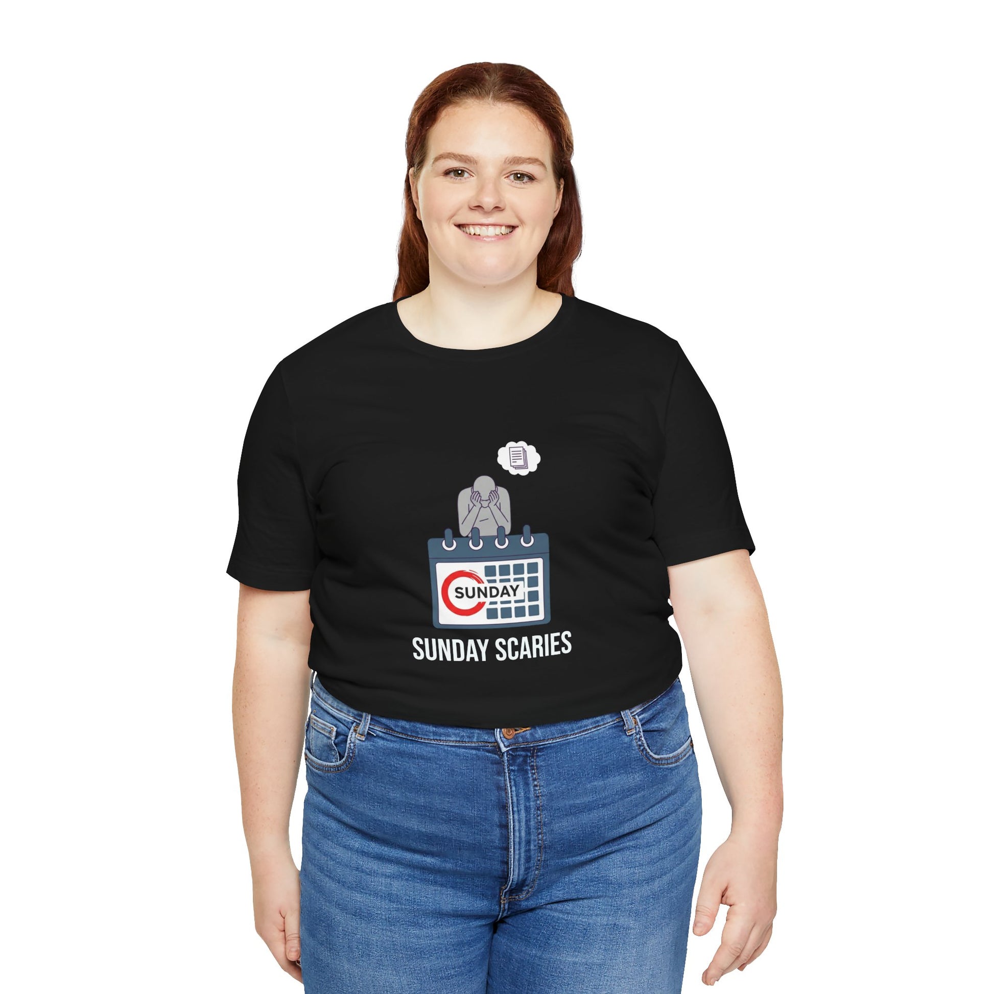Person wearing a black t-shirt with 'Sunday Scaries' design on a white background