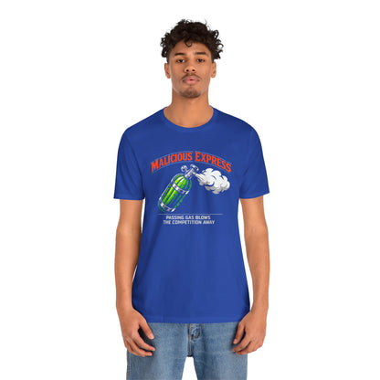 Person wearing a blue t-shirt with a graphic design and 'Malicious Express Passing Gas Blows The Competition Away' text on a white background