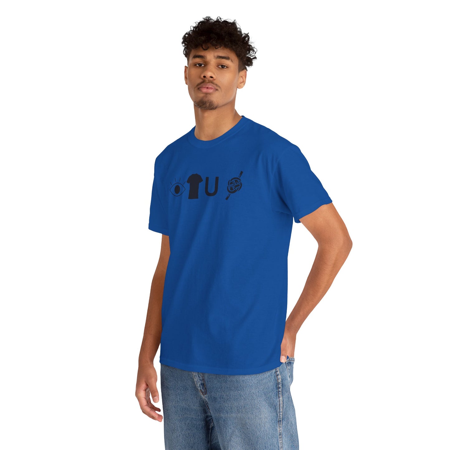 Man wearing a blue t-shirt with a logo on a white background