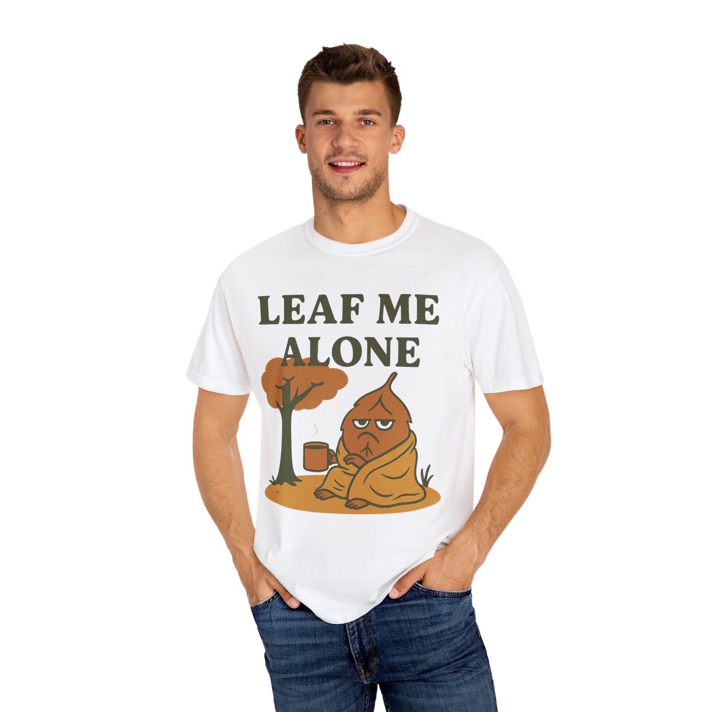 Man wearing a white t-shirt with a cartoon character and 'Leaf Me Alone' text on a white background
