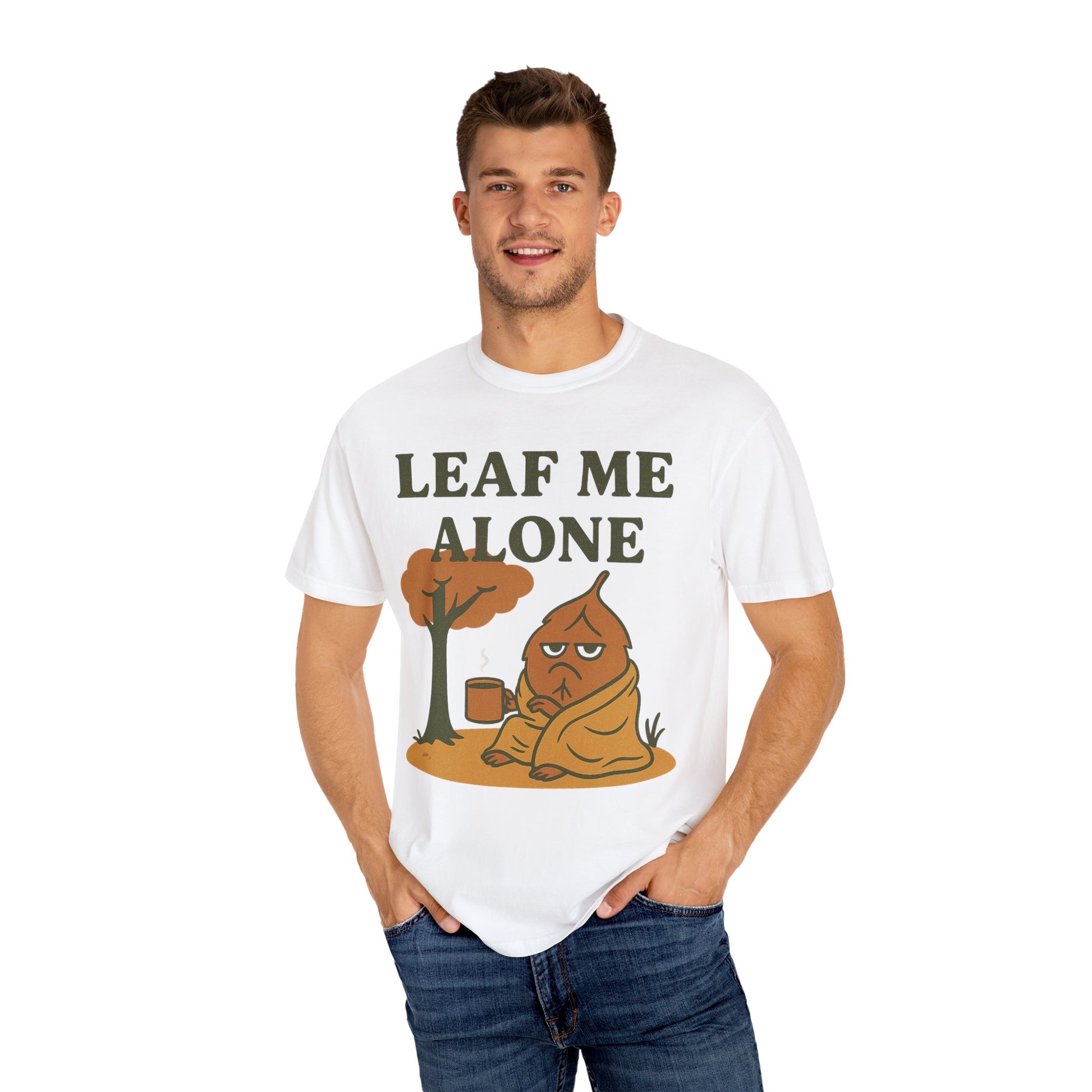 Man wearing a white t-shirt with a cartoon character and 'Leaf Me Alone' text on a white background