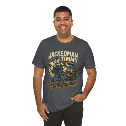 Man wearing a gray t-shirt with 'Jackedman Timmy' graphic design on a white background