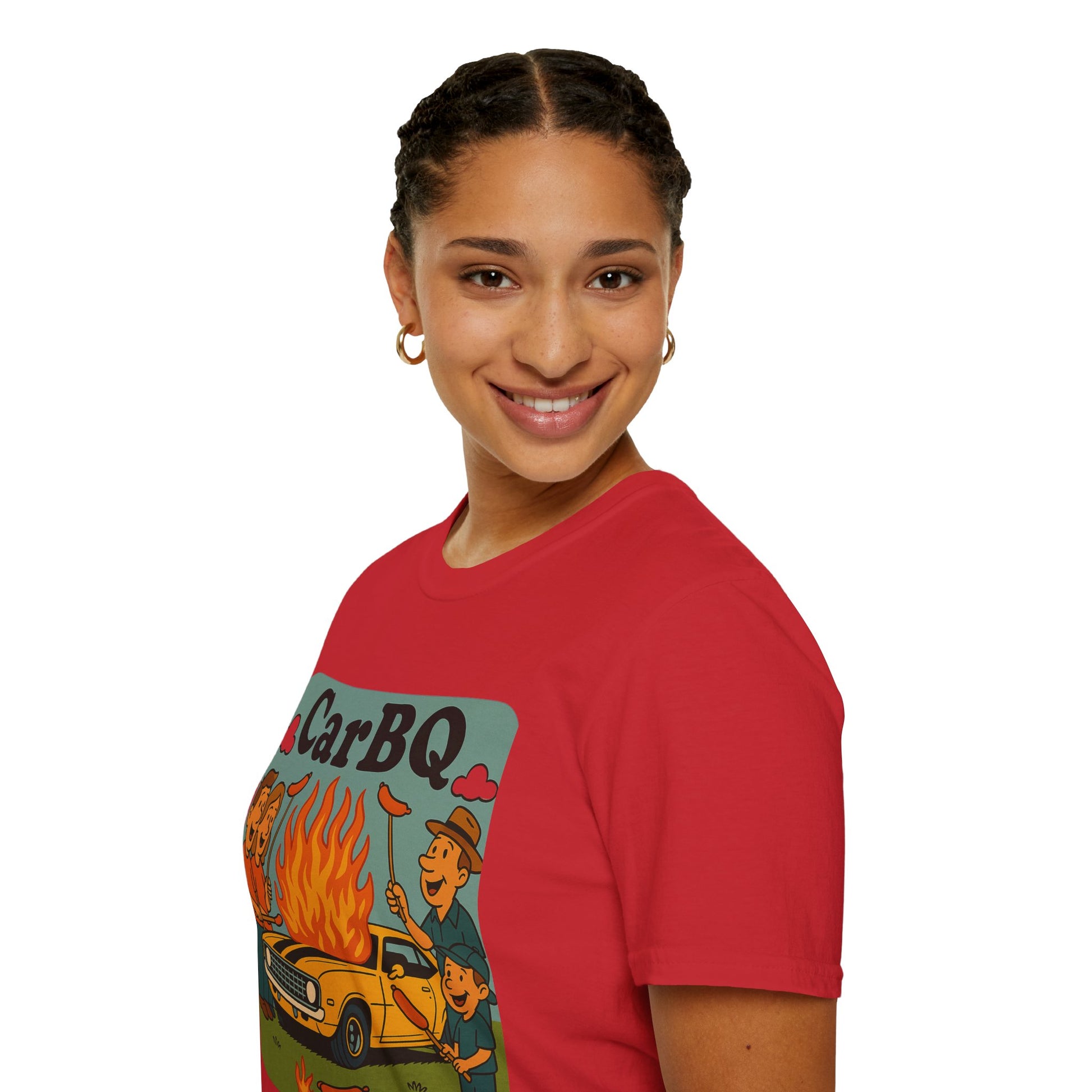 Person wearing a red t-shirt with a graphic design and text 'CarBQ' on a white background