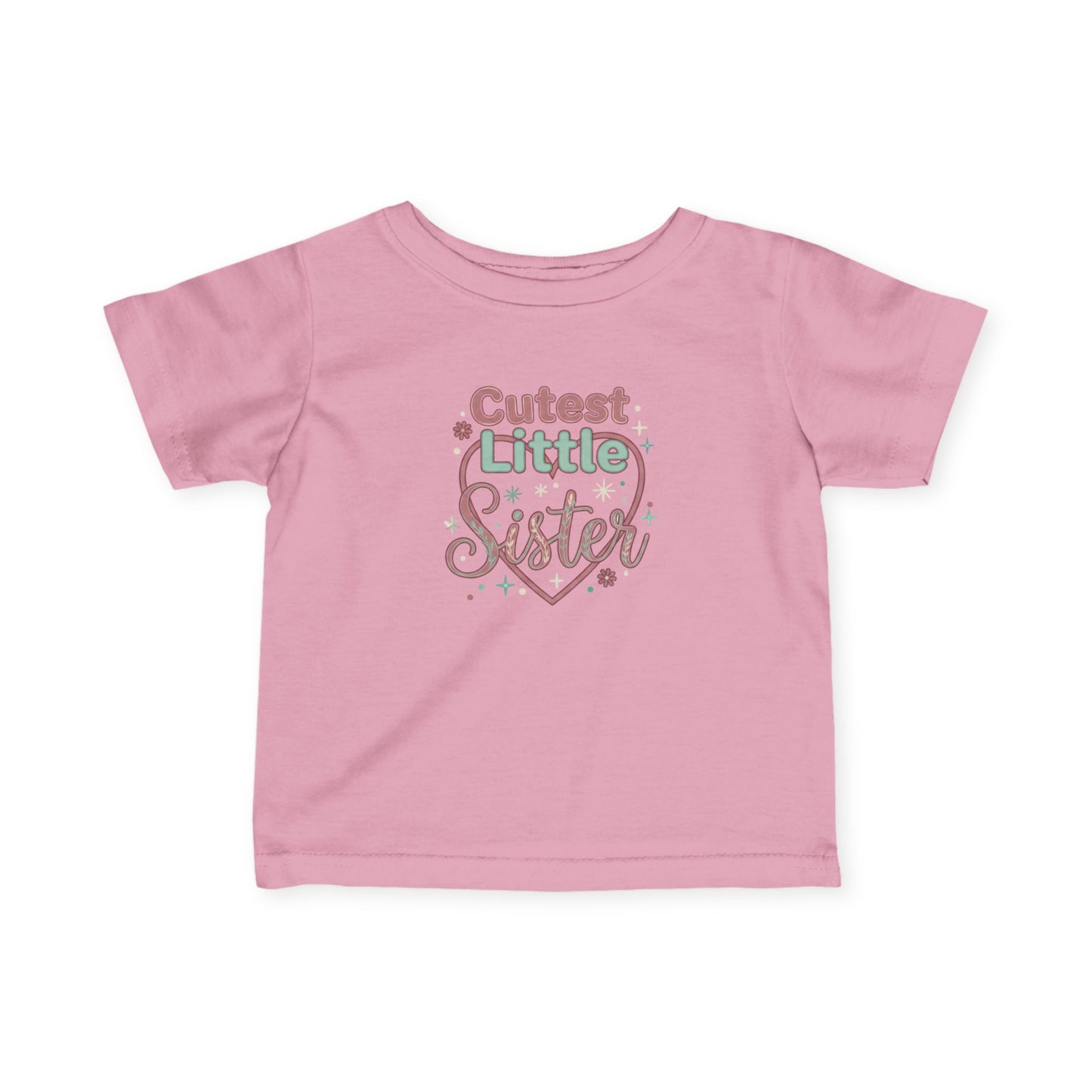 Pink t-shirt with 'Cutest Little Sister' text on a white background
