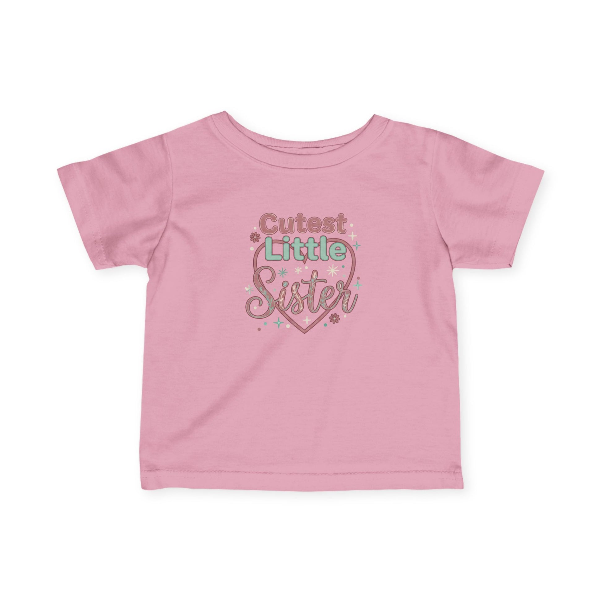 Pink t-shirt with 'Cutest Little Sister' text on a white background