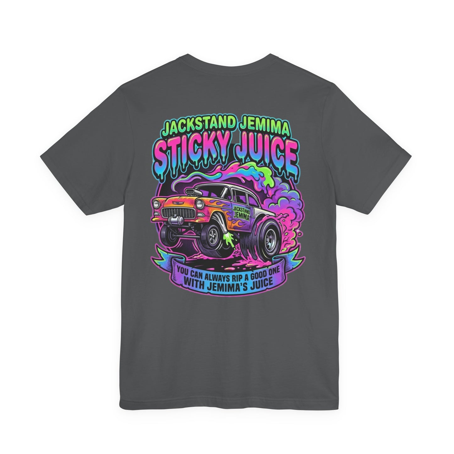 Gray t-shirt with colorful graphic and  'Jackedstand Jemima Sticky Juice You Can Always Rip A Good One With Jemima's Juice' text on a white background