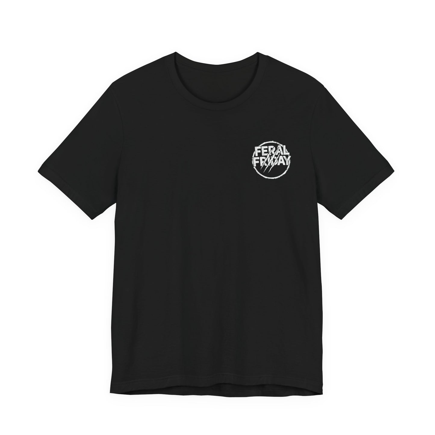 Black t-shirt with a white logo 'Feral Friday' on a white background