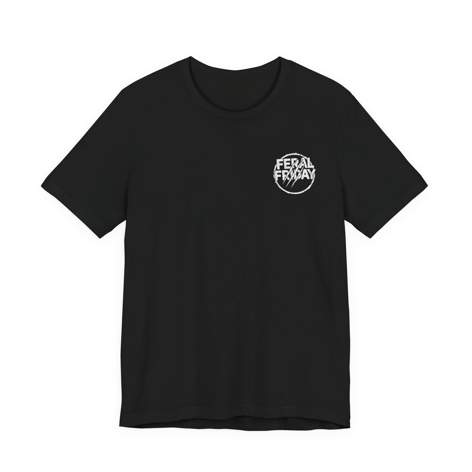 Black t-shirt with a white logo 'Feral Friday' on a white background