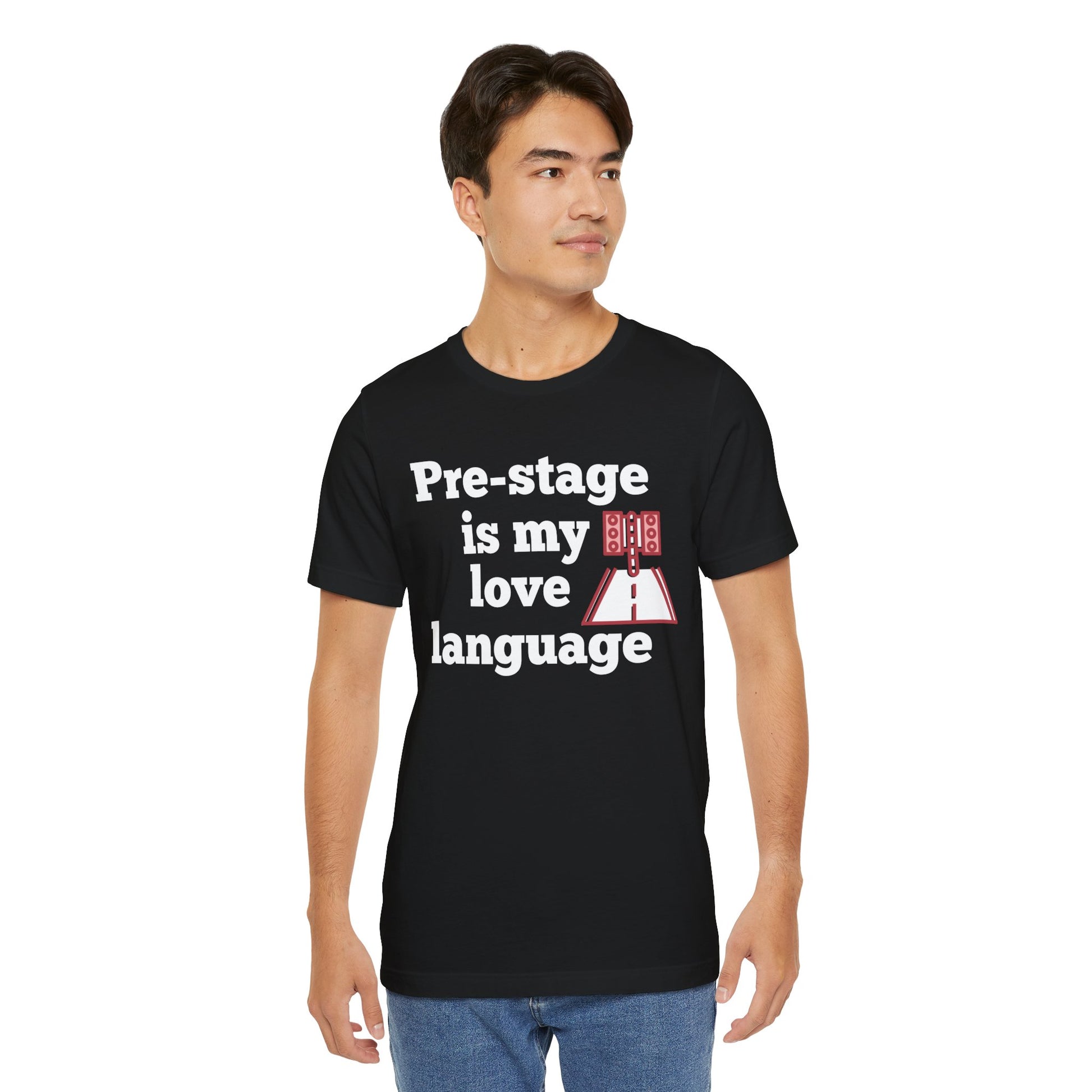 Man wearing a black t-shirt with text 'Snooze button is my love language' and graphic design on a white background