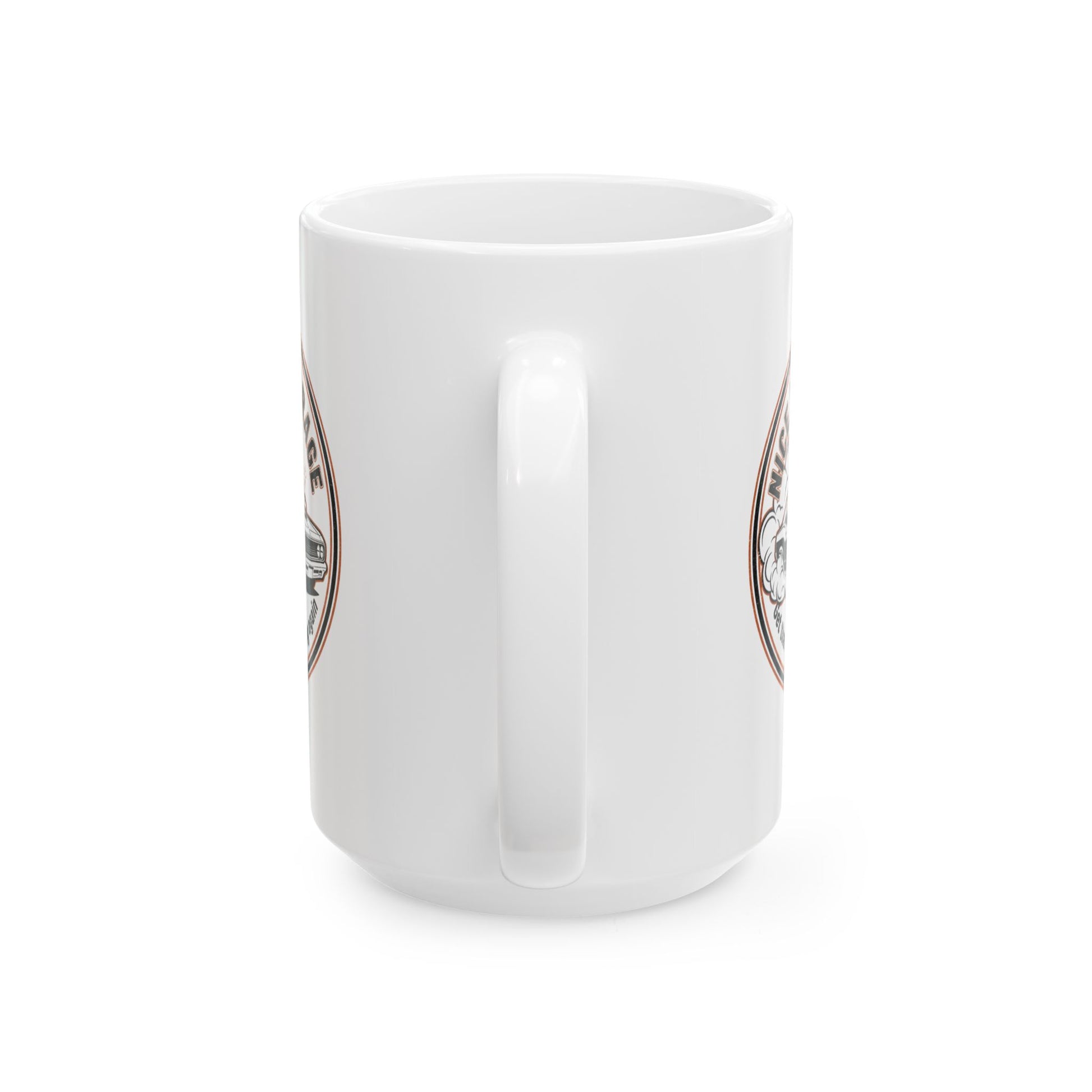 White mug with a logo on a white background