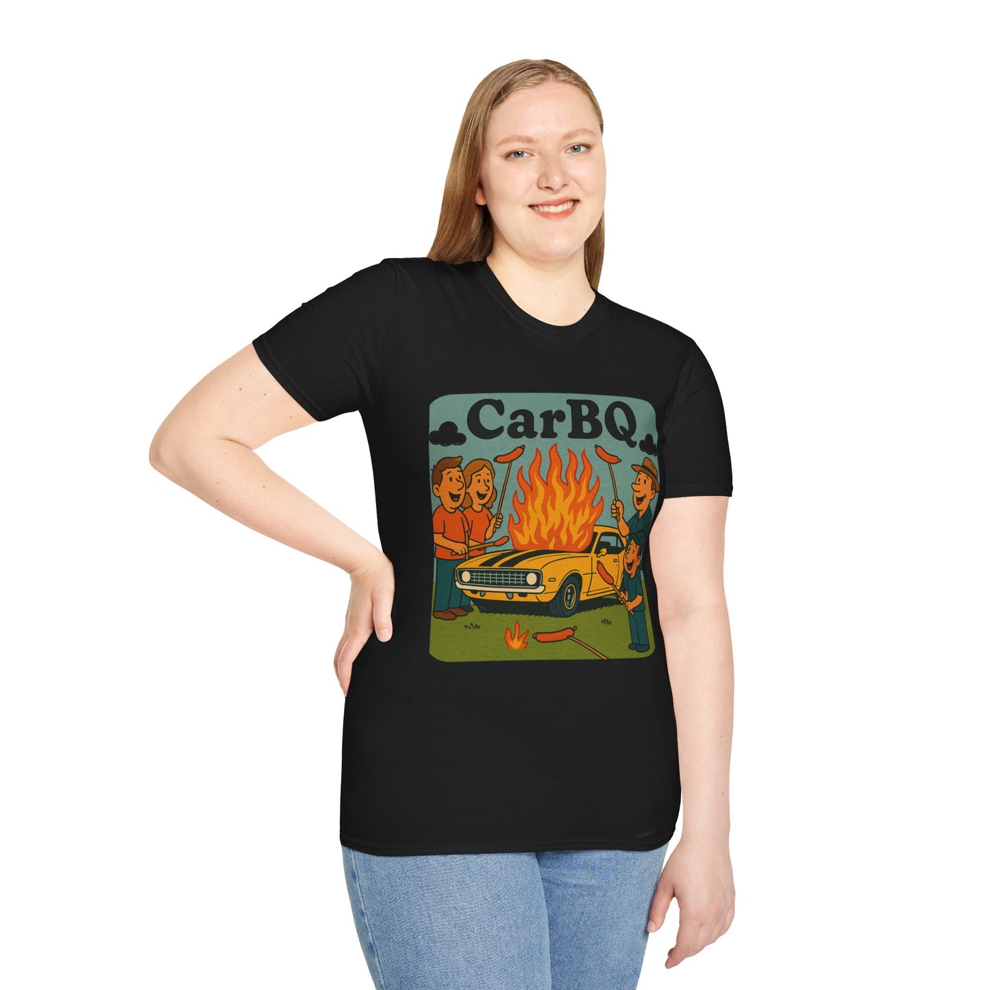Person wearing a black t-shirt with a 'Car BBQ' graphic design on a white background
