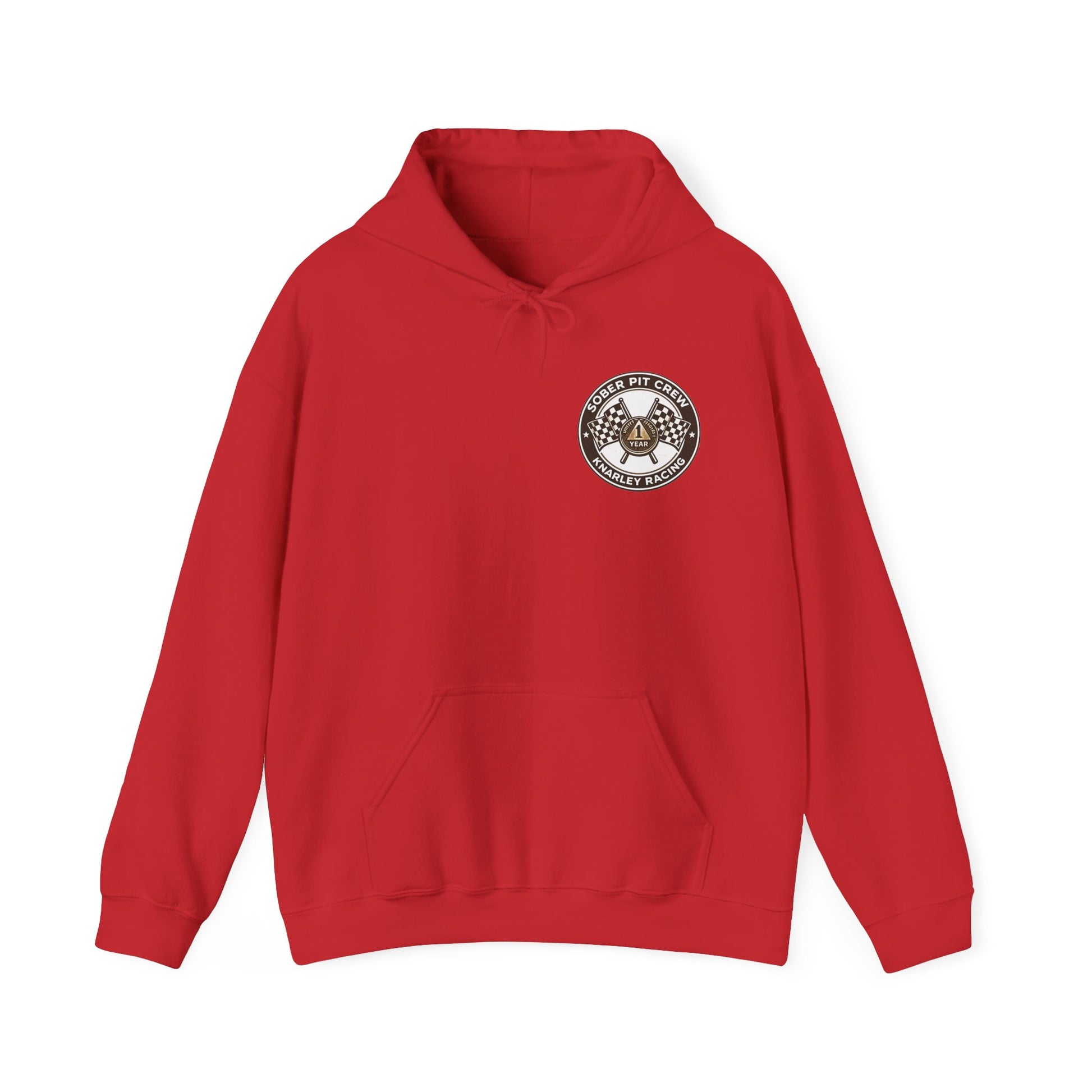 Red hoodie with a 'Sober Pit Crew Knarley Racing' logo on the chest against a white background