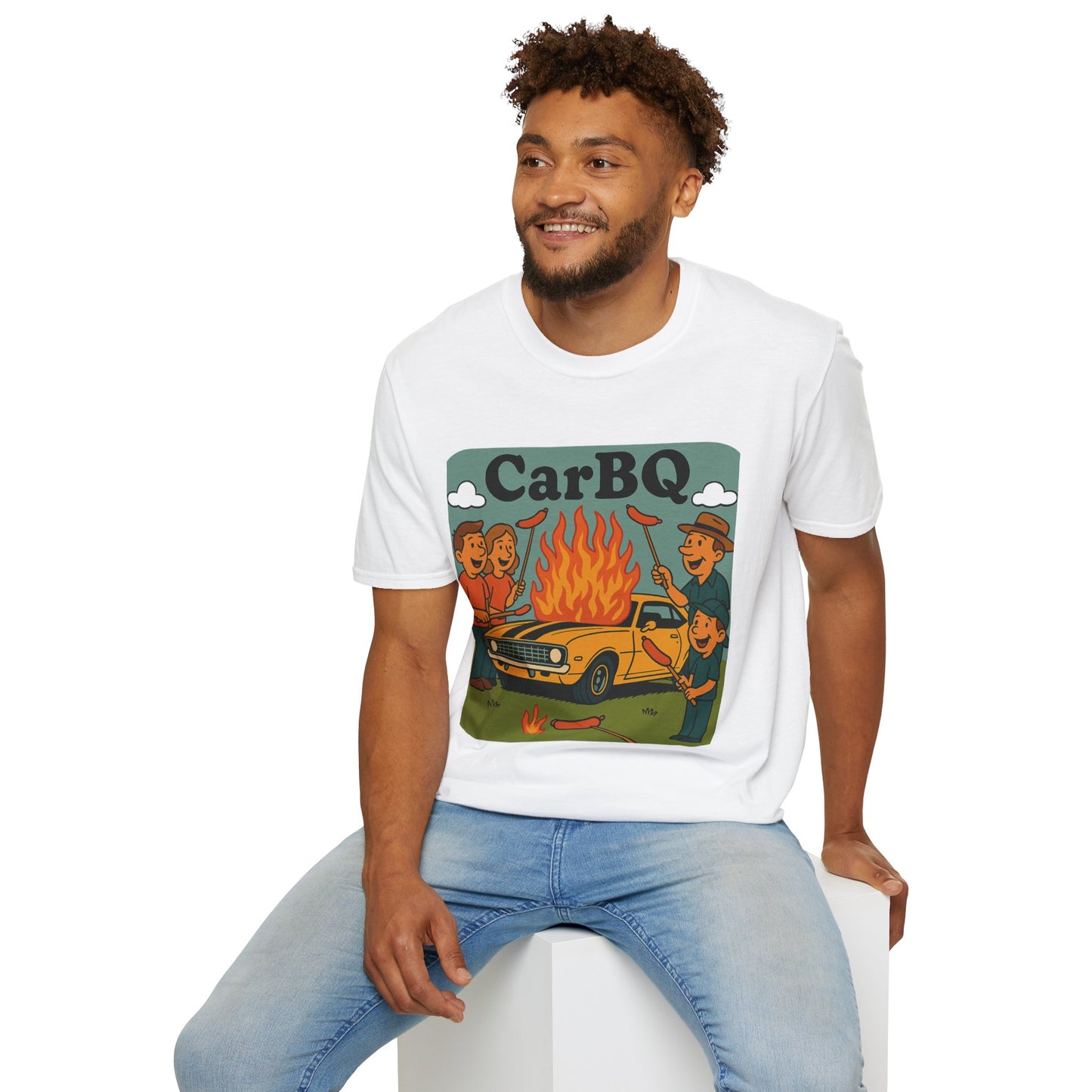 Man wearing a white t-shirt with a graphic design and text 'CarBQ' sitting on a white stool.