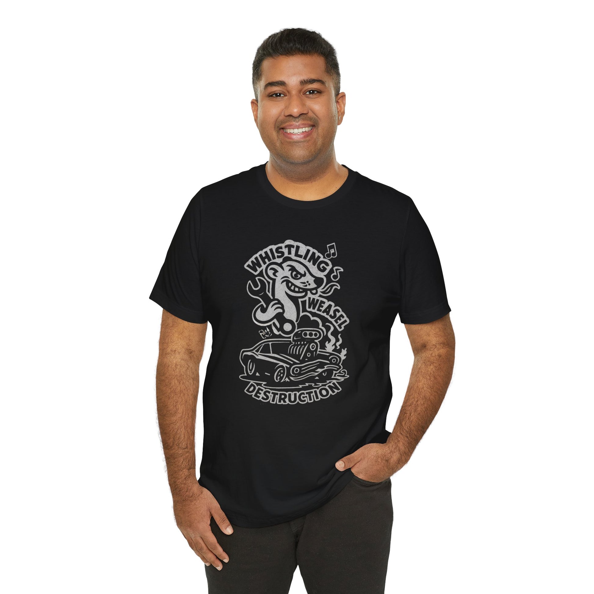 Person wearing a cartoon weasel holding a wrench behind a flame-spitting muscle car with “Whistling Weasel Destruction” text—funny black drag racing t-shirt for motorsport fans.