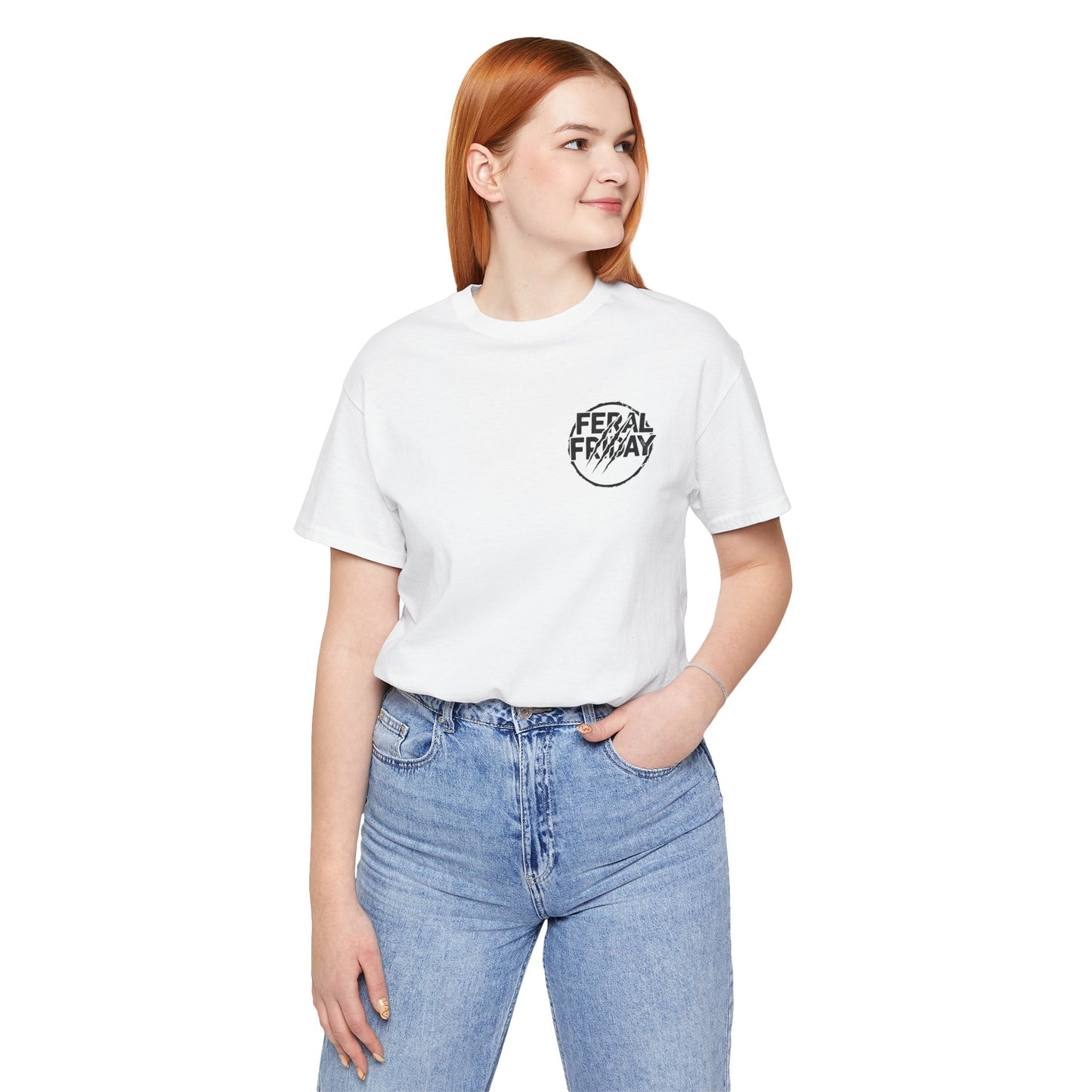 Person wearing a white t-shirt with a  'Feral Friday' logo and blue jeans on a white background