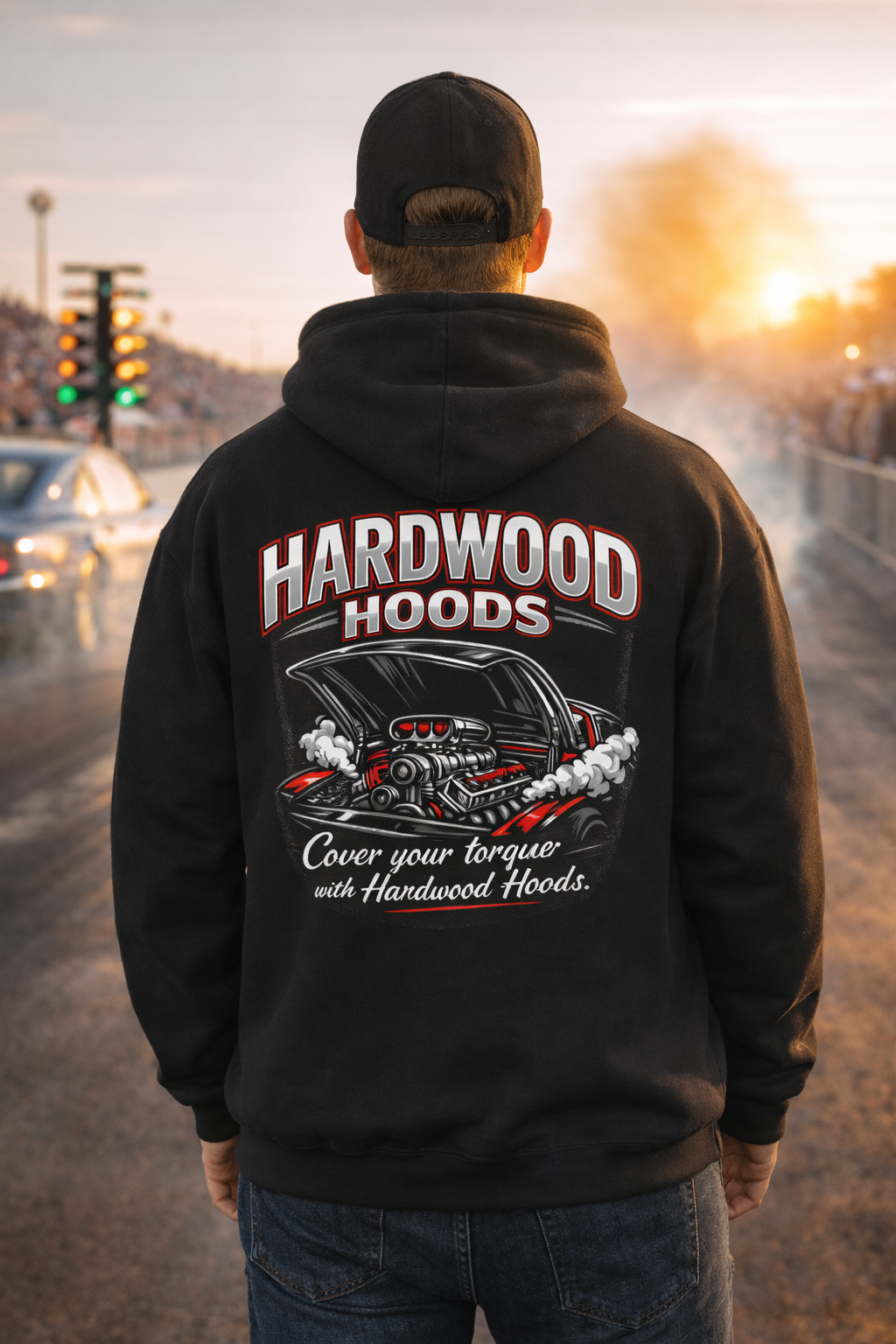 Person wearing a black hoodie with 'Hardwood Hoods' logo on a street at sunset.