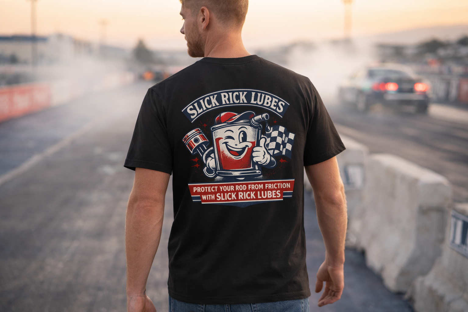 Man wearing a black t-shirt with 'Slick Rick Lubes' graphic at a race track.