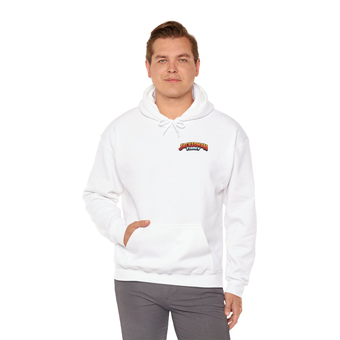 Man wearing a white hoodie with a 'Jackedman Timmy' logo on a white background