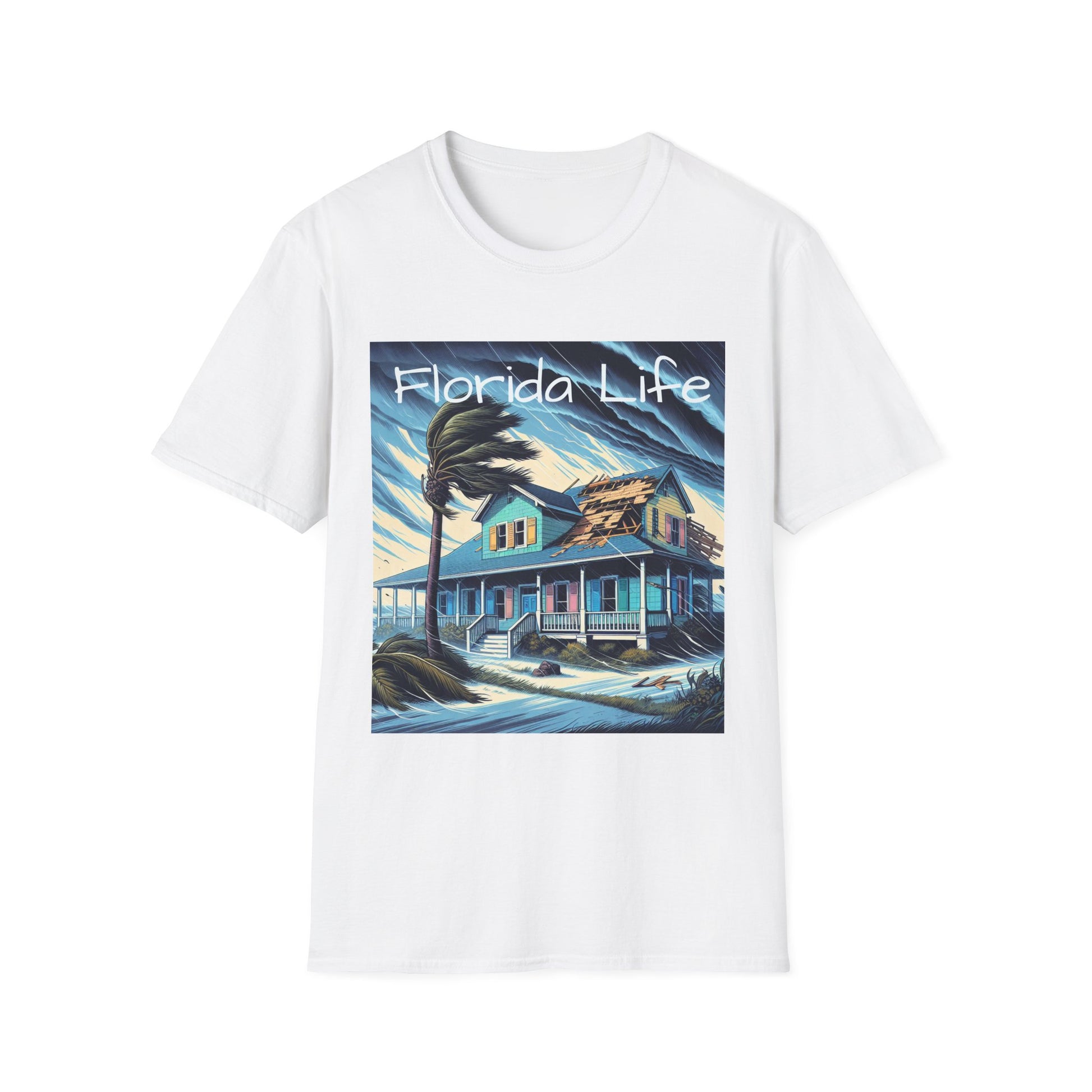 White t-shirt with a graphic of a beach house and palm tree, featuring the text 'Florida Life'.