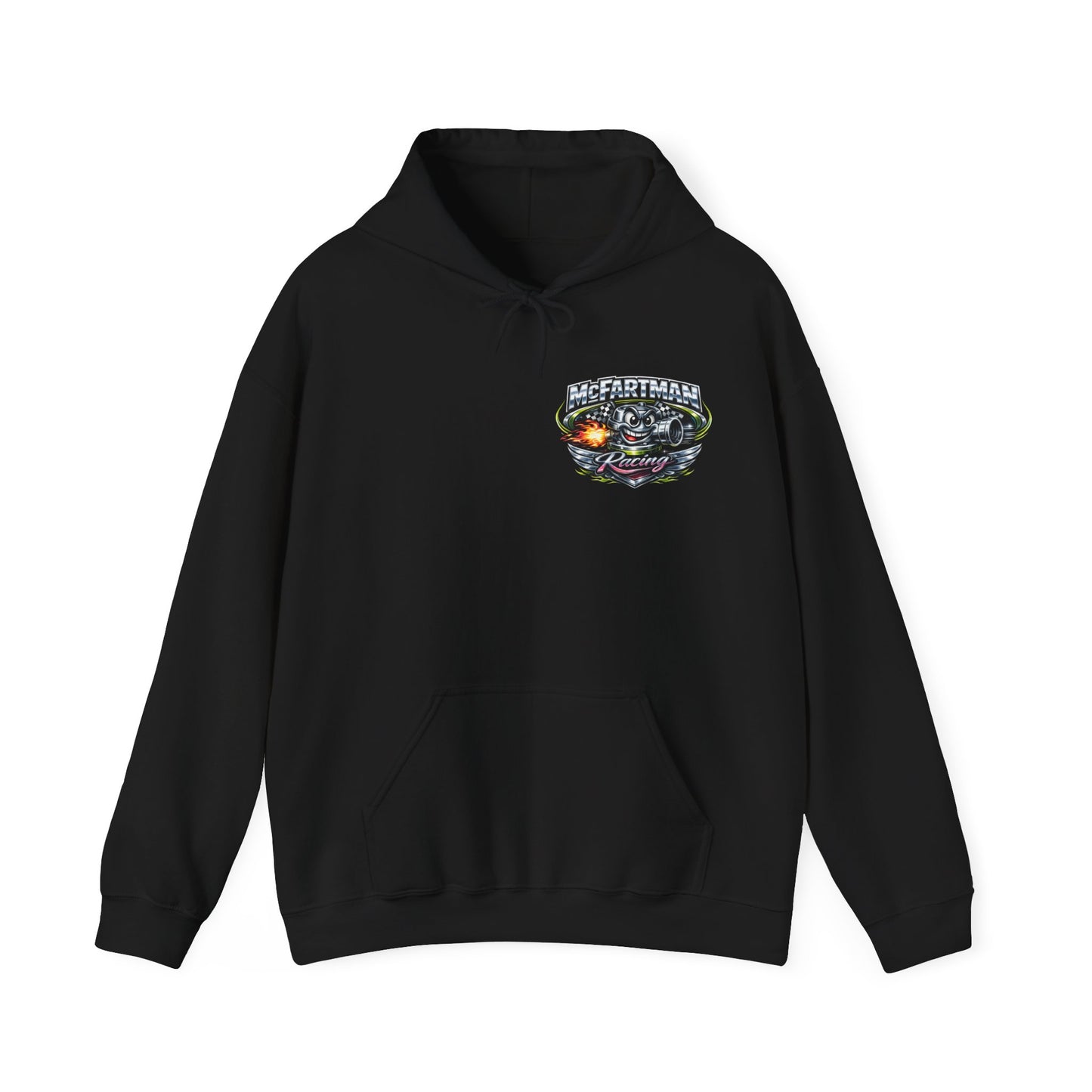 Black hoodie with a colorful 'McFartman Racing' logo on the chest against a white background