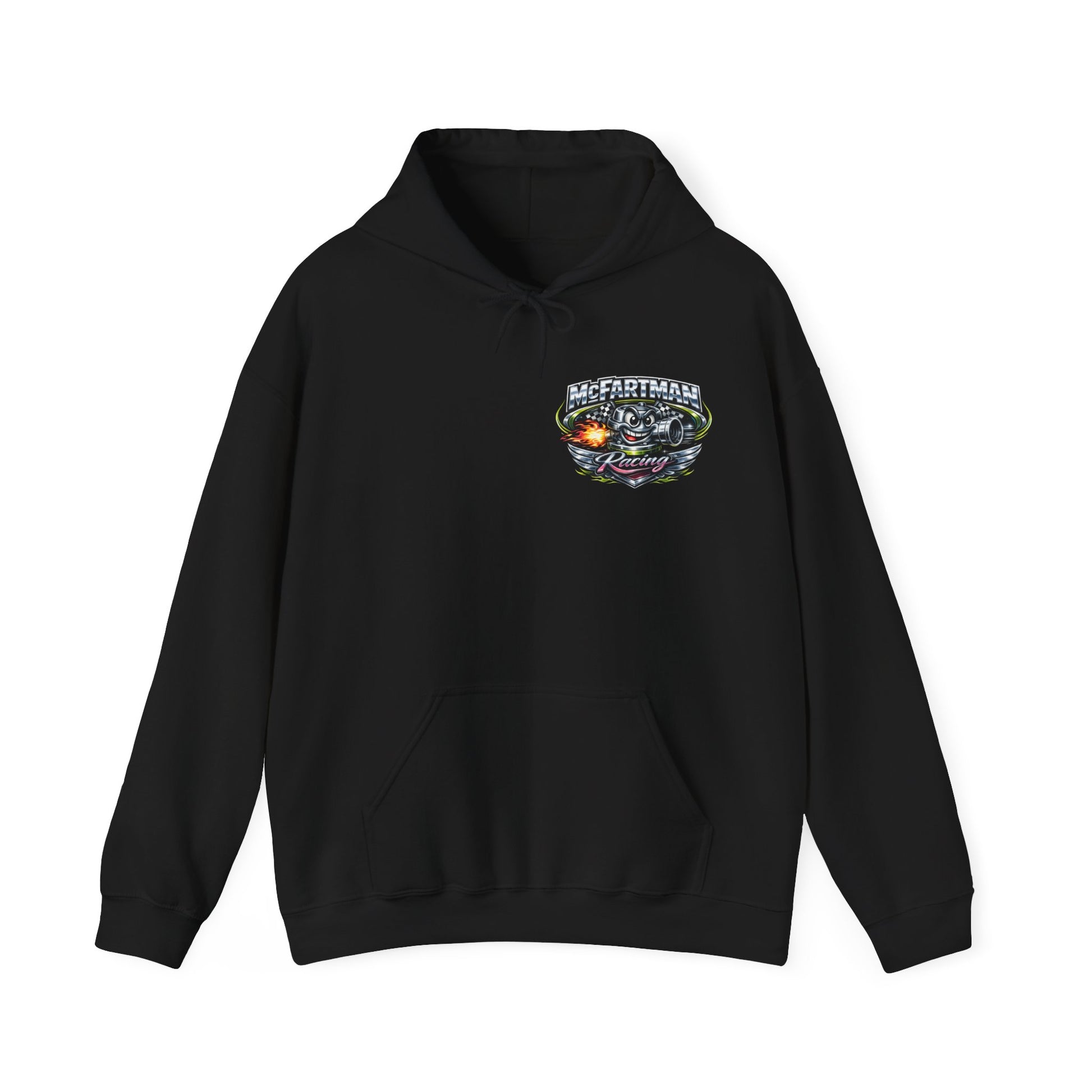 Black hoodie with a colorful 'McFartman Racing' logo on the chest against a white background