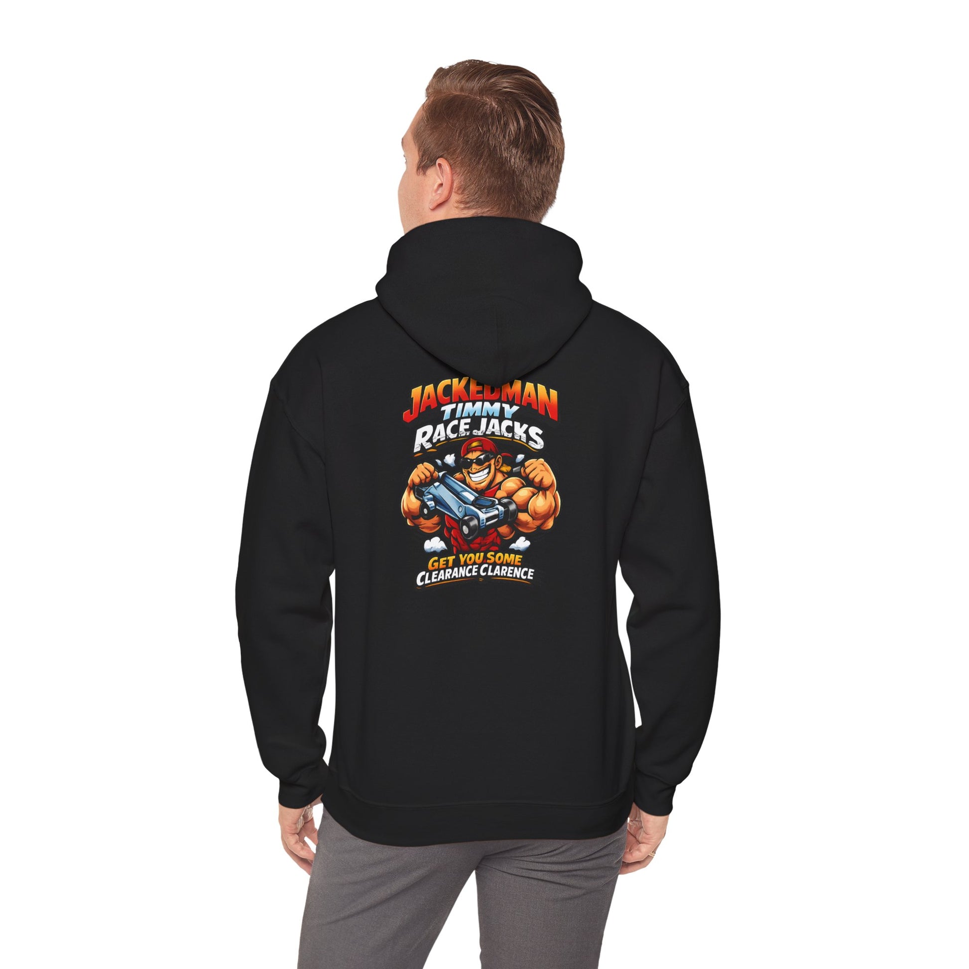Person wearing a black hoodie with a colorful graphic and 'Jackedman Timmy Race Jacks Get You Some Clearance Clarence' text on the back, set against a white background