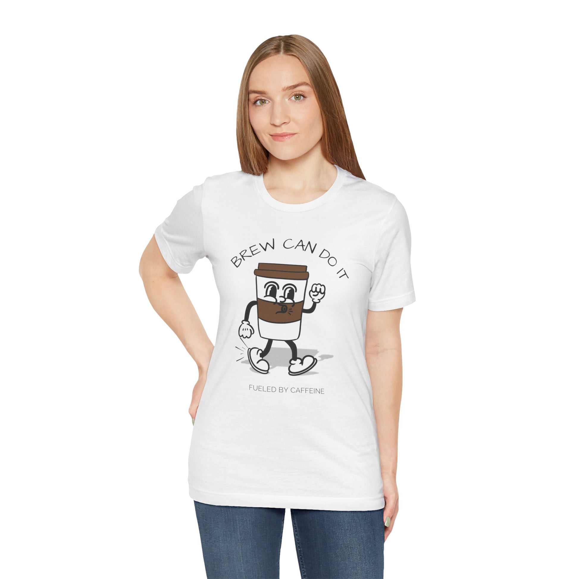 Woman wearing a white t-shirt with a coffee-themed graphic and text 'Brew Can Do It Fueled By Caffeine'.