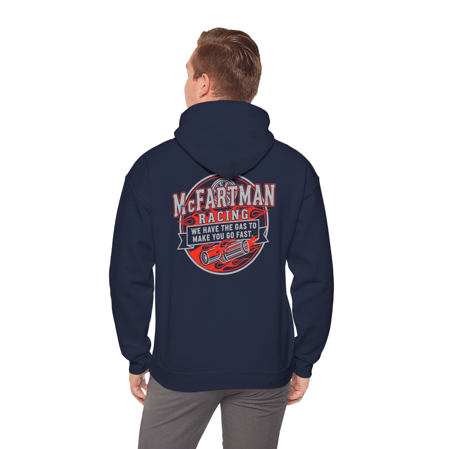 Navy hoodie with 'McFarman Racing' graphic on the back, worn by a person.