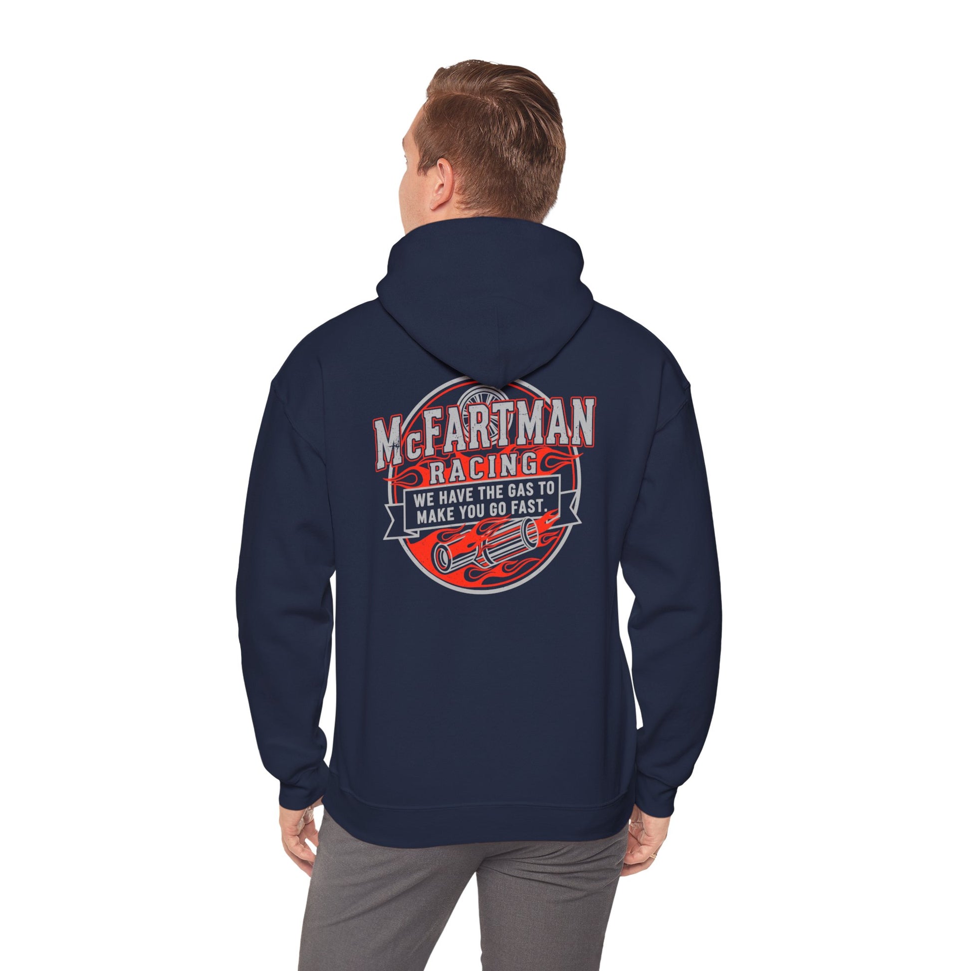 Navy hoodie with 'McFarman Racing' graphic on the back, worn by a person.