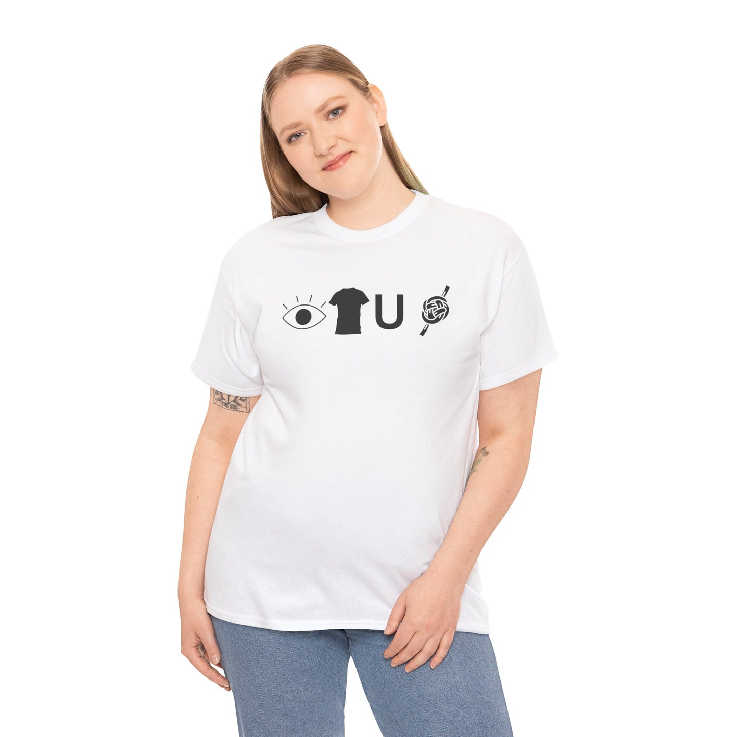 Person wearing a white t-shirt with black graphics on a white background