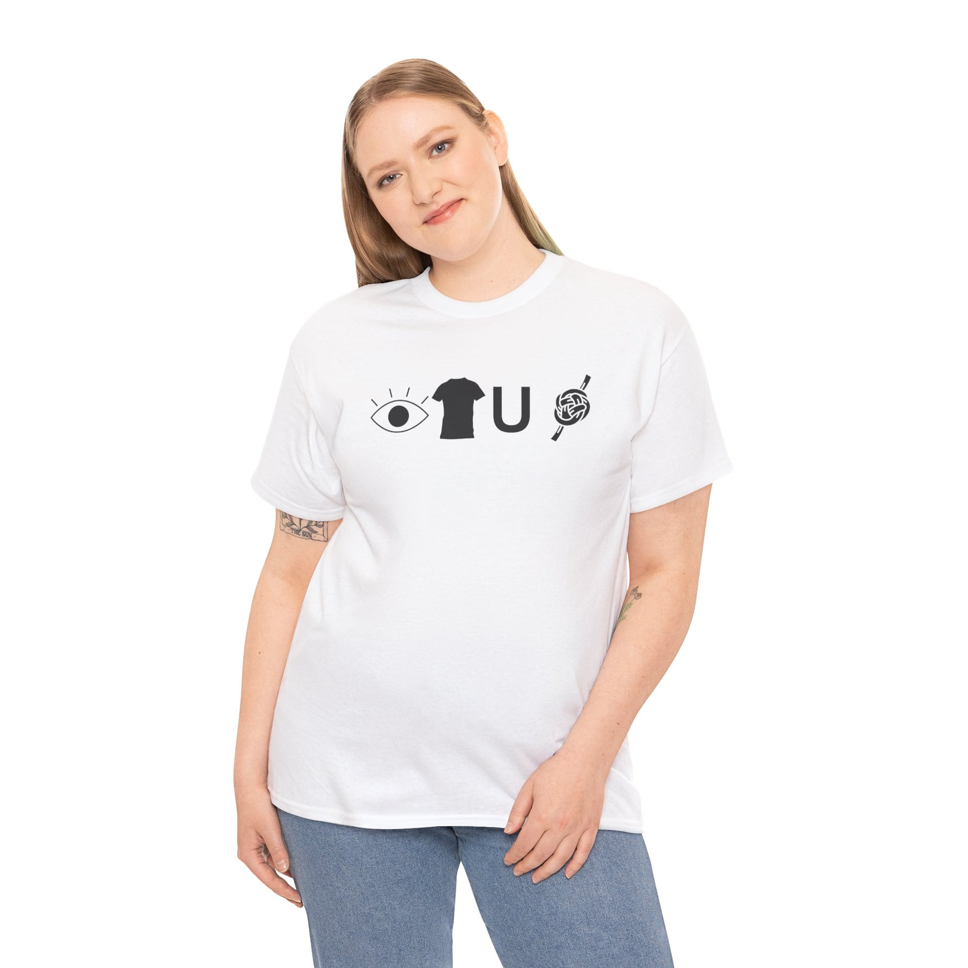 Person wearing a white t-shirt with black graphics on a white background