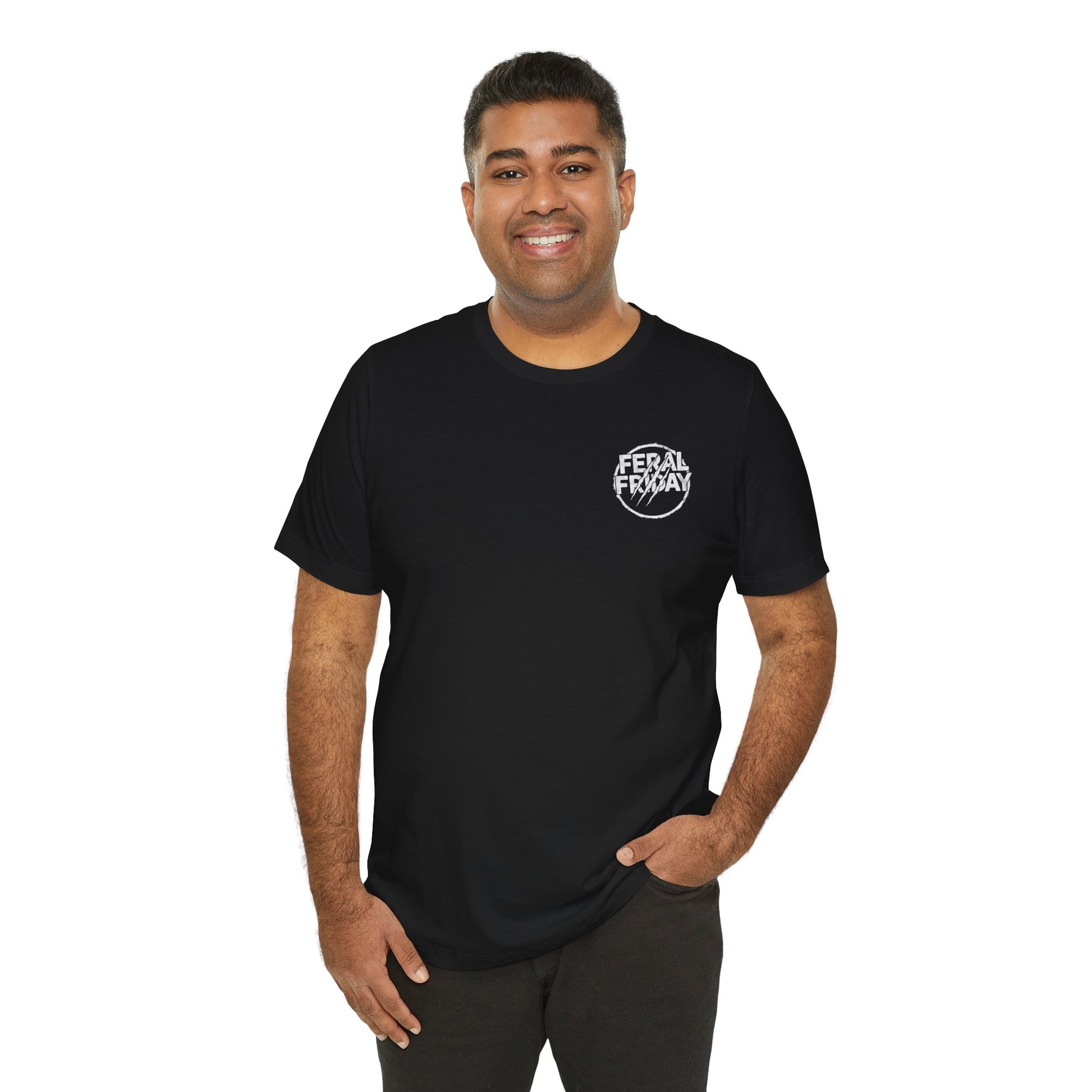 Man wearing a black t-shirt with a 'Feral Friday' logo on a white background