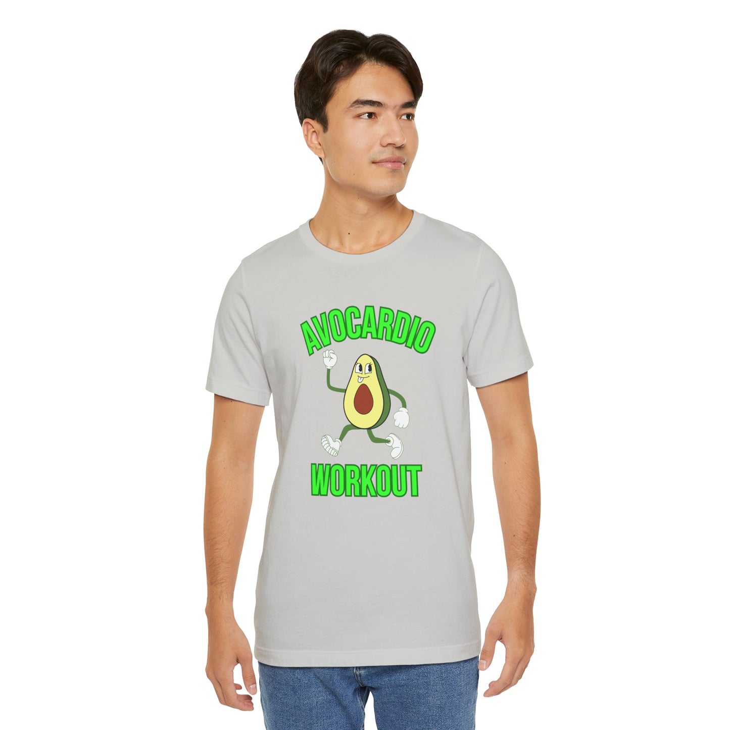 Person wearing a gray t-shirt with an avocado graphic and text 'Avocardio workout' on a white background