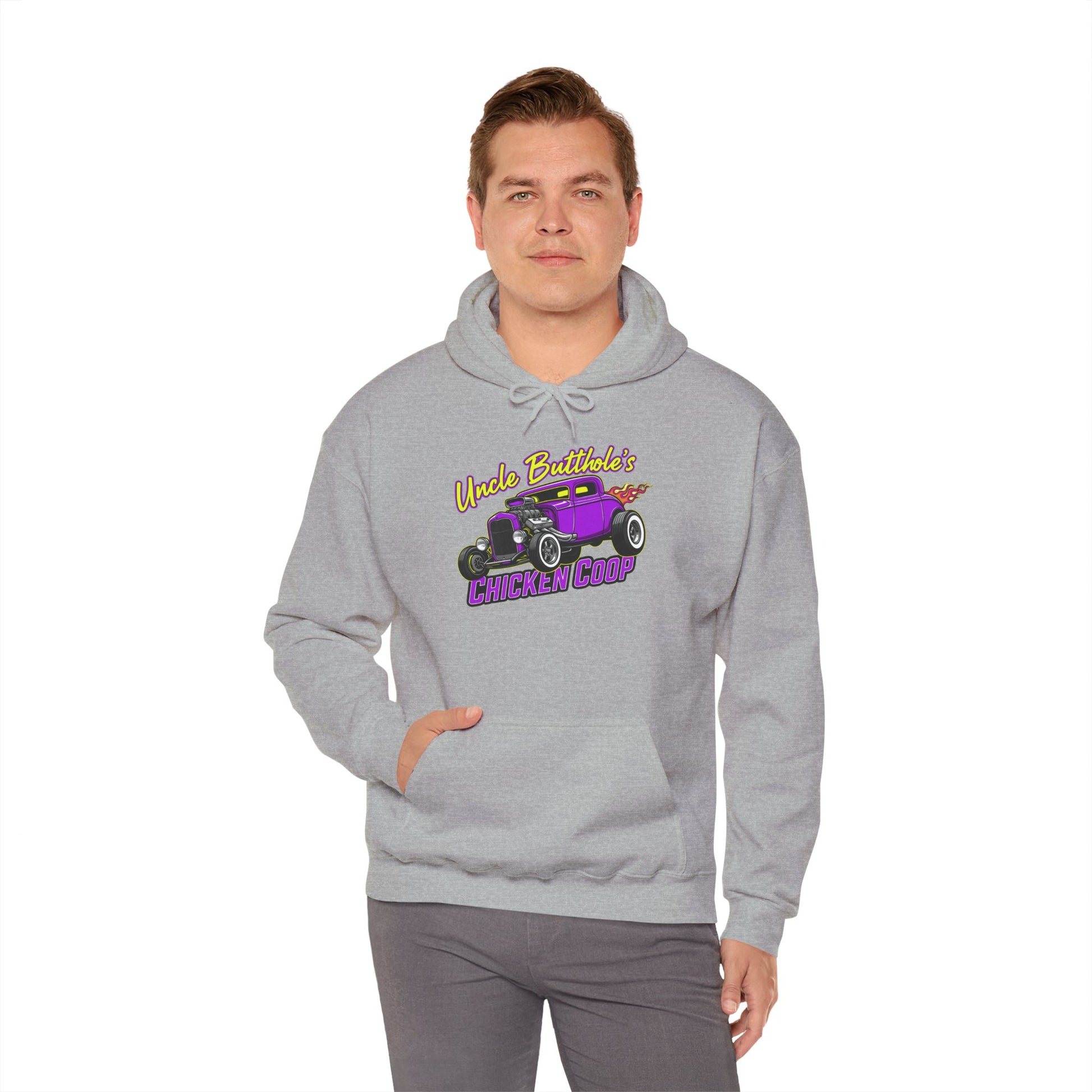 Person wearing a gray hoodie with a graphic design and text 'Uncle Butthole's Chicken Coop' on a white background