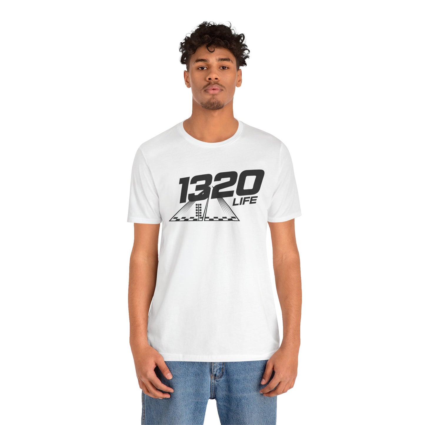 Person wearing a white t-shirt with '1320 LIFE' design on a white background