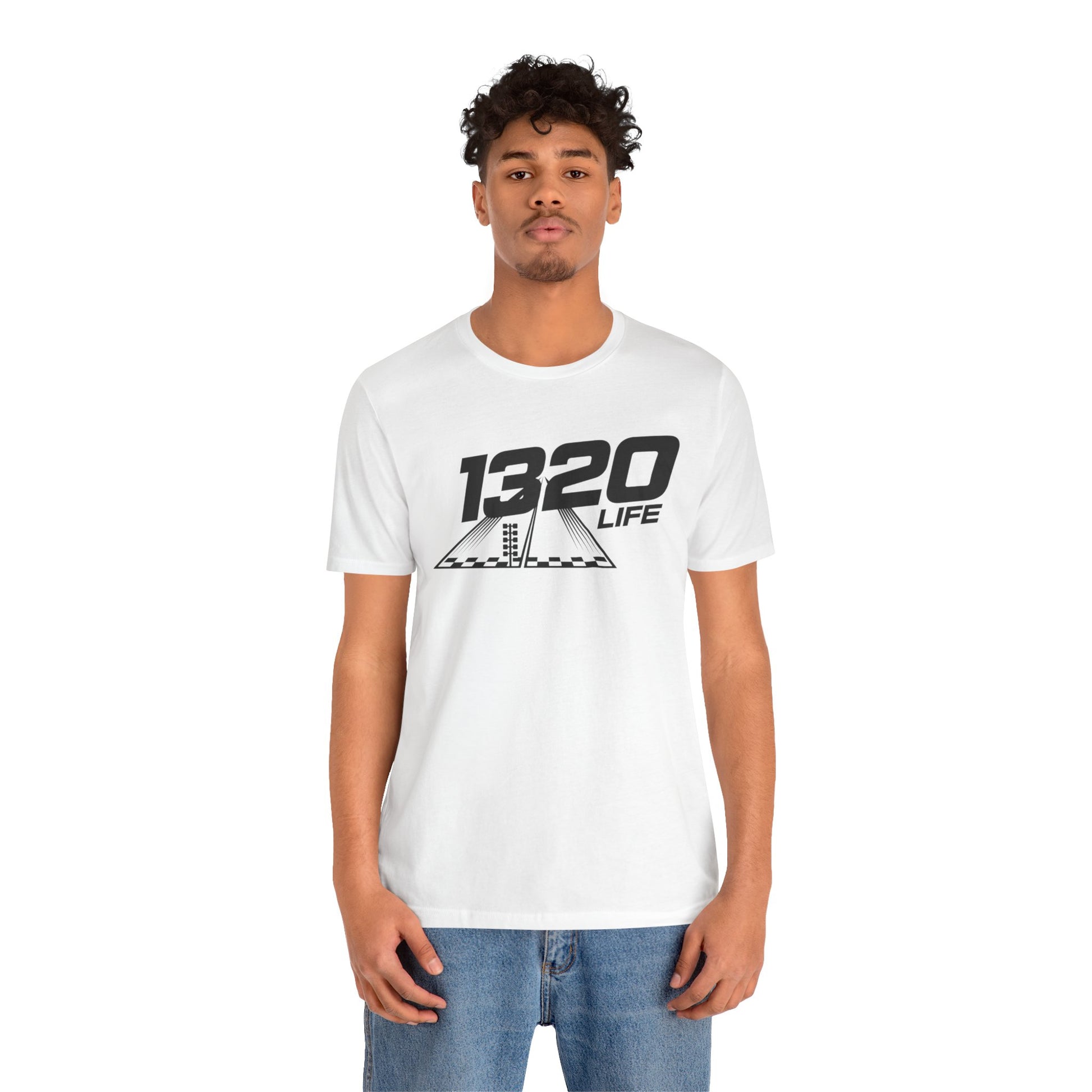 Person wearing a white t-shirt with '1320 LIFE' design on a white background