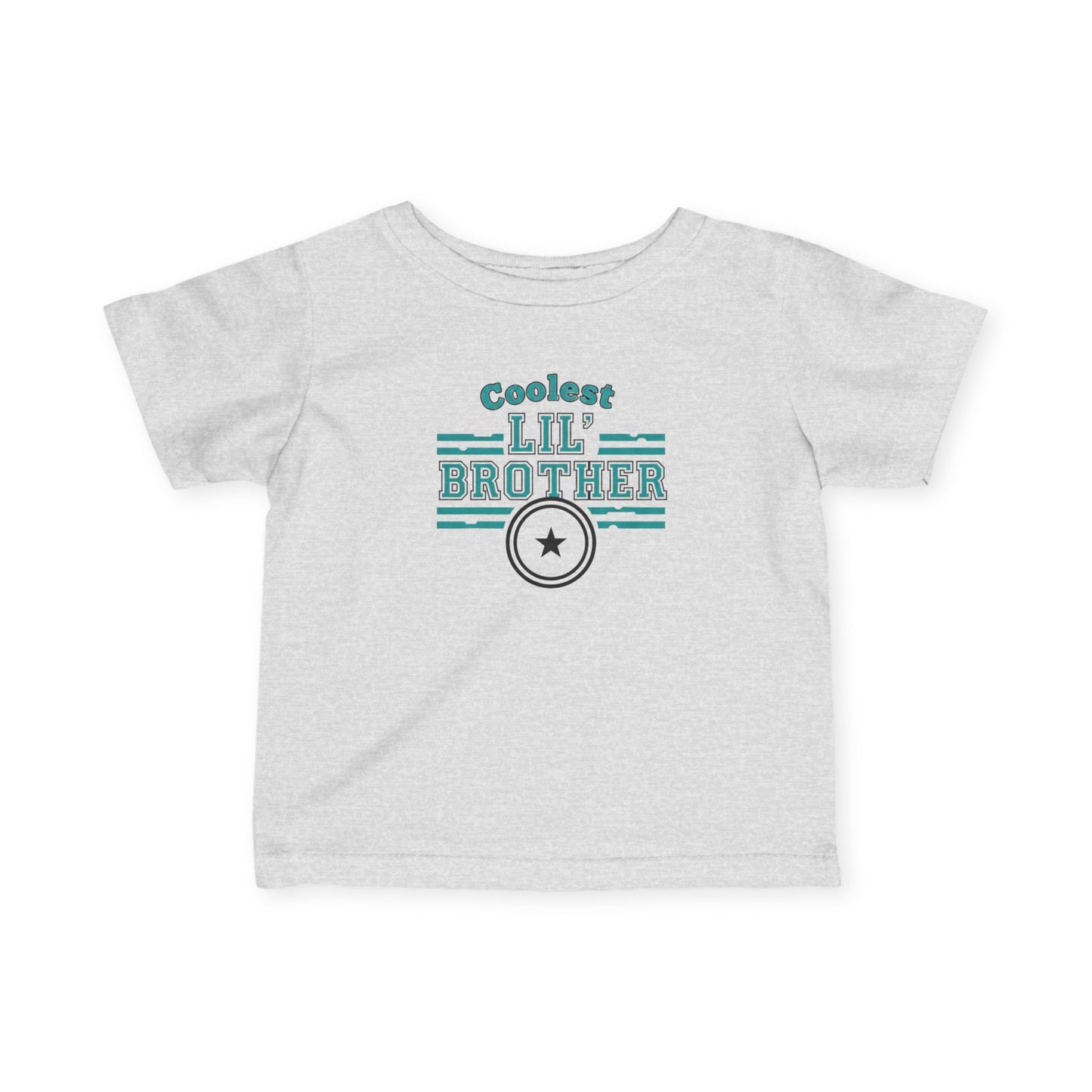 Gray t-shirt with 'Coolest Lil' Brother' text and star graphic on a white background