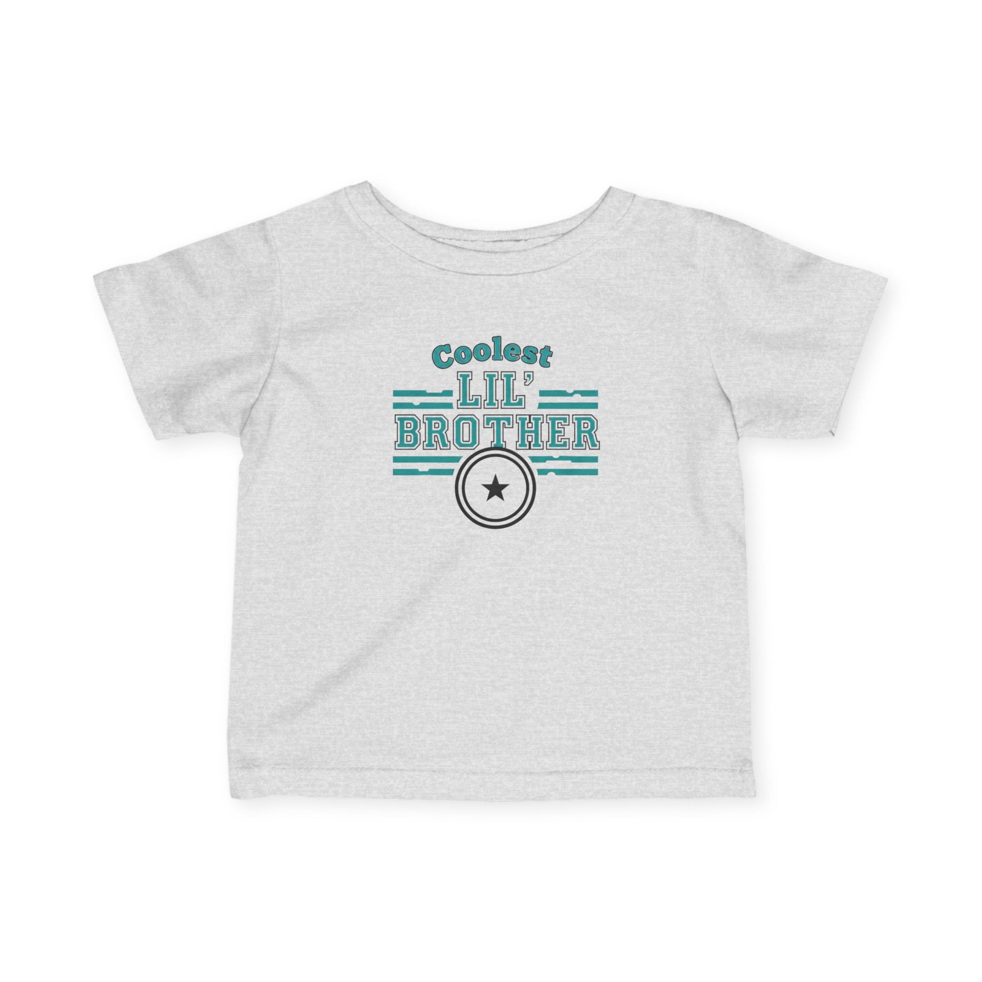 Gray t-shirt with 'Coolest Lil' Brother' text and star graphic on a white background